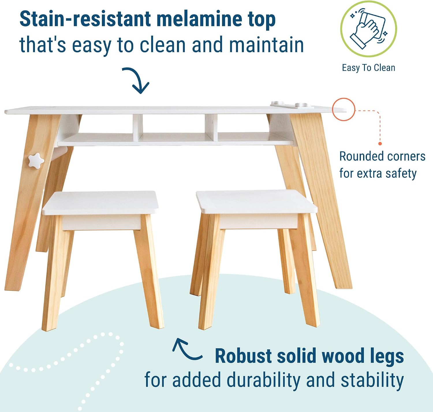 Wildkin Kids Arts & Crafts Table Set – Mid-Century Modern Design with 2 Stools, Storage Cubbies & Paper Roll - White