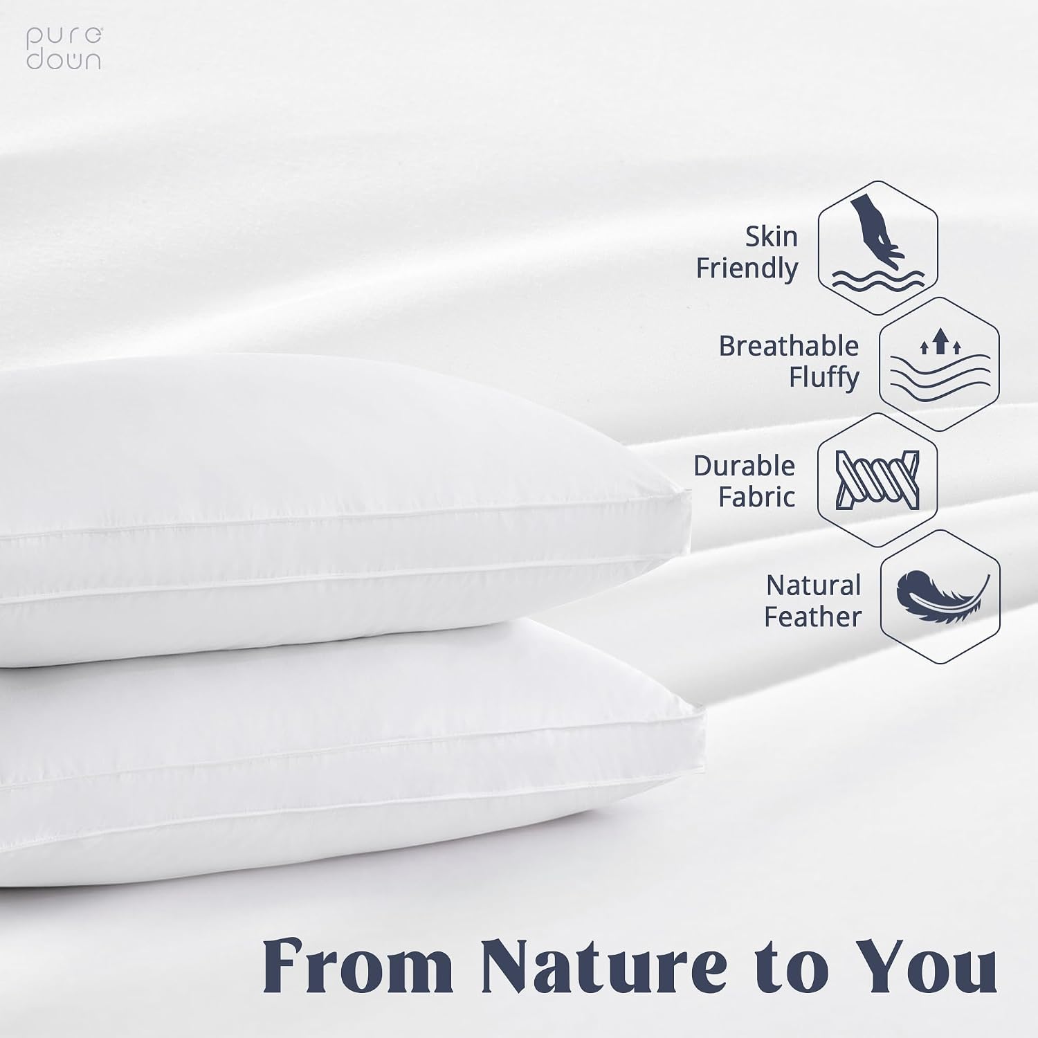 puredown® Goose Feathers and Down White Pillows with 100% Cotton Cover, Bed Sleeping Hotel Collection Pillows Set of 2, Standard Size