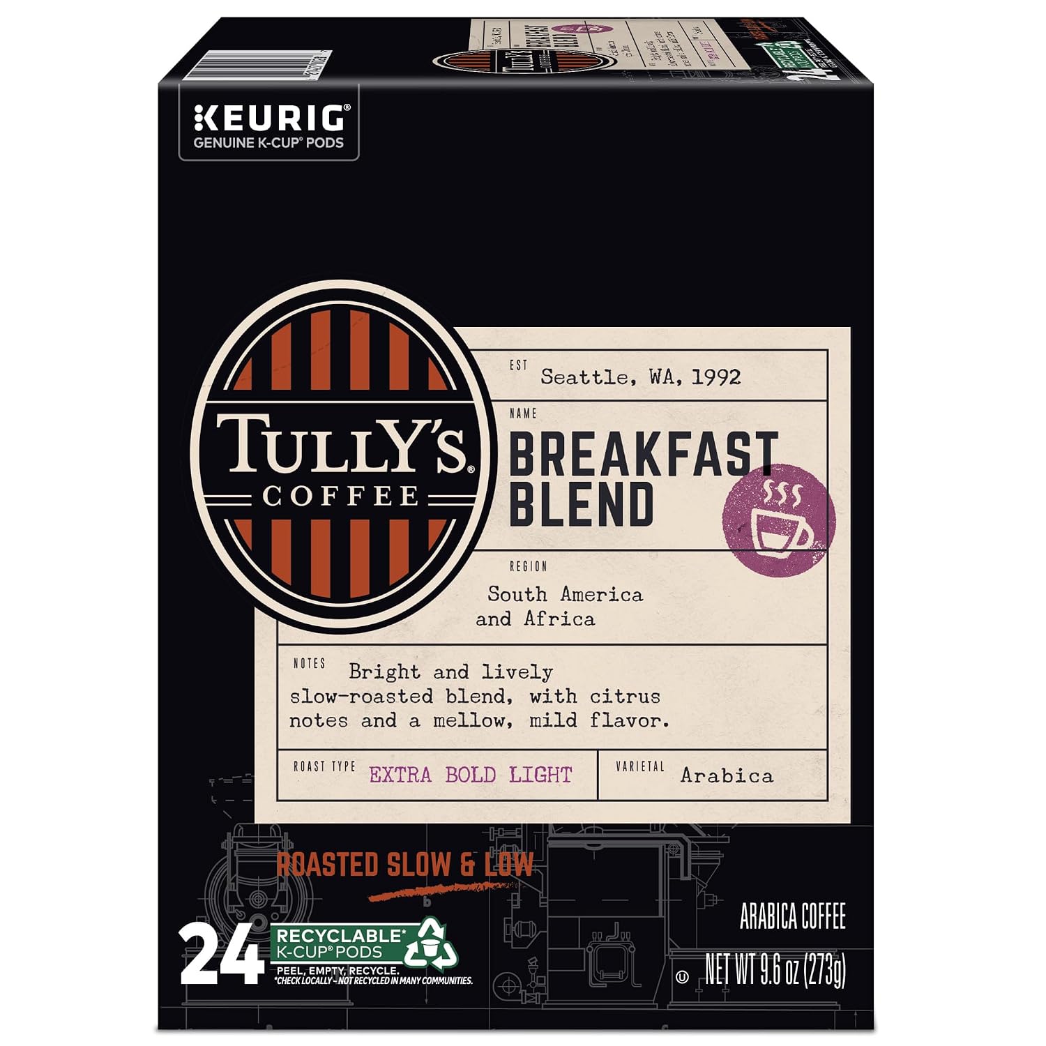 Tully's Coffee Hawaiian Blend Keurig Single-Serve K-Cup Pods, Medium Roast Coffee, 96 Count