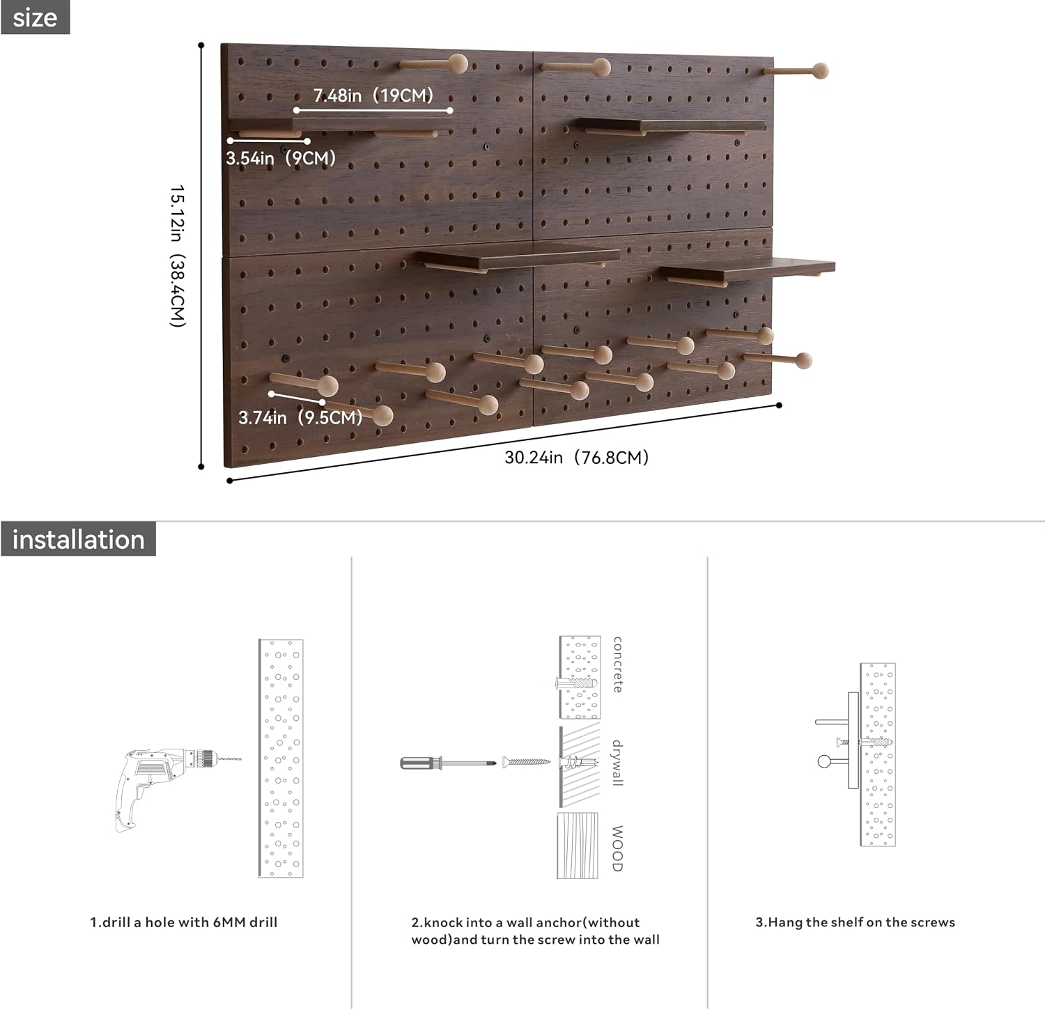 Wooden Pegboard Modular Display Organization Storage Wall Hooks Shelf(Color:Oak)