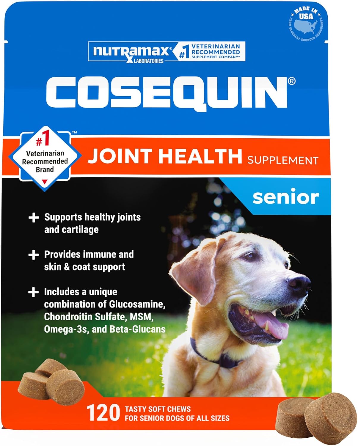 Nutramax Cosequin Dog Joint Supplement for Senior Dogs, Soft Chews, 60ct | Glucosamine + Chondroitin, MSM, Omega-3s, Beta-Glucan, Promotes Skin & Coat, Immune Health, Joint Support for Older Dogs