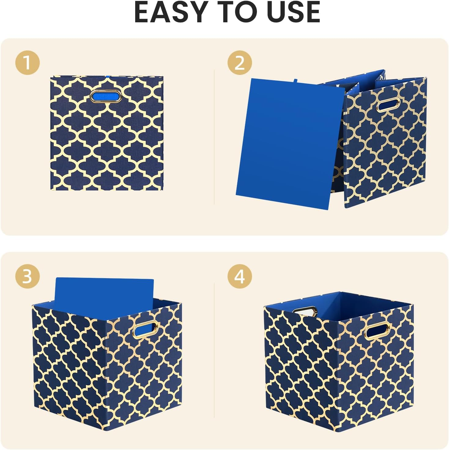 Posprica Storage Bins, Storage Cubes,13×13 Fabric Drawers Organizer Basket Boxes Containers (13×13×13/4pcs, Cream/gold geometry Pattern)