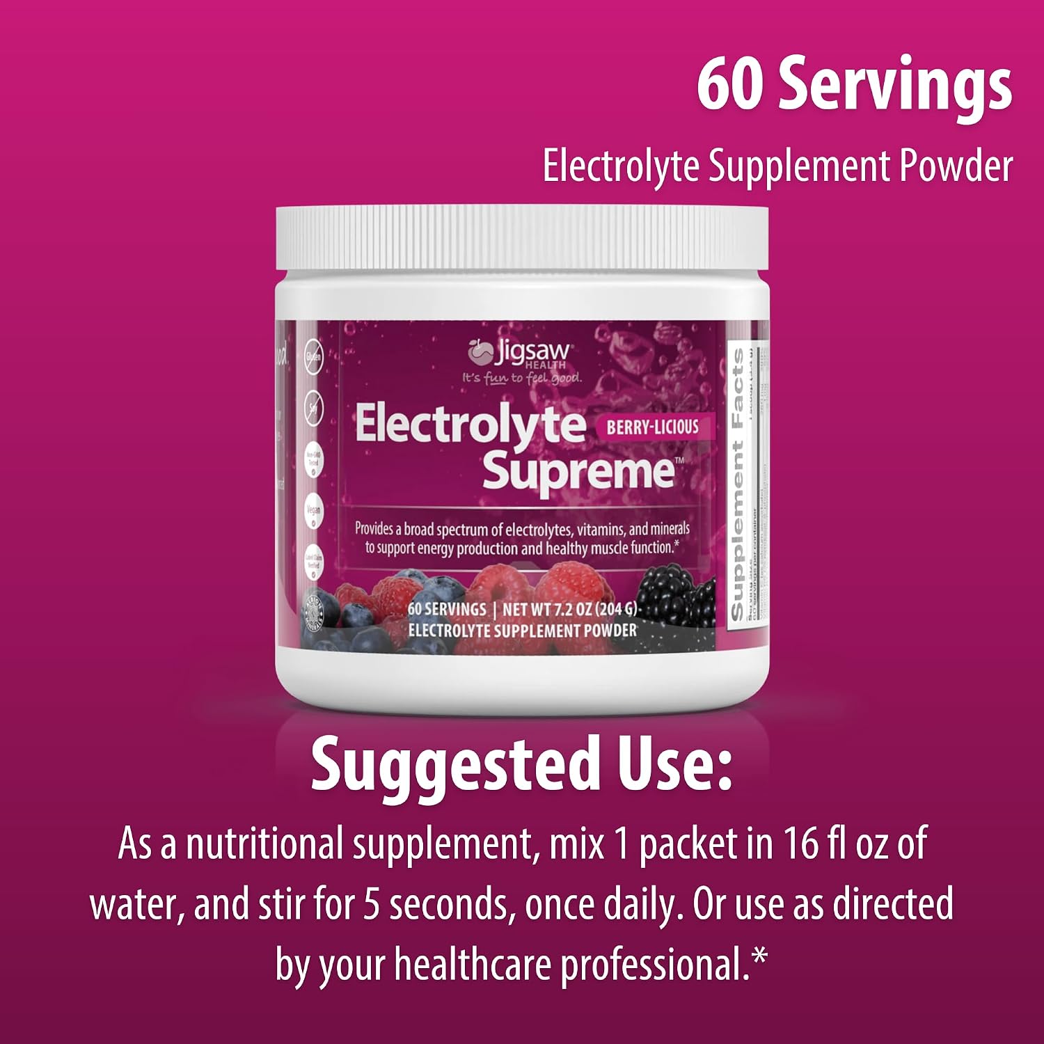 Jigsaw Health Electrolyte Supreme | Broad Spectrum of Electrolytes + Trace Minerals | Berry-Licious Flavor | 60 Servings (Jar)