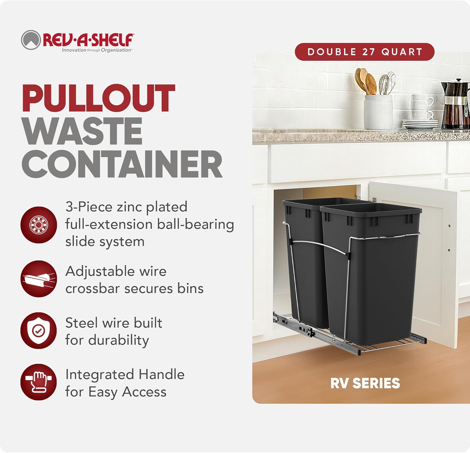 Rev-A-Shelf Double 27 Qt Pullout Trash Can for Base Kitchen Cabinets, Garbage Waste Bin System with Full Extension Slides, Min Opening Width of 11.5", Metallic Silver, RV-15KD-17C S