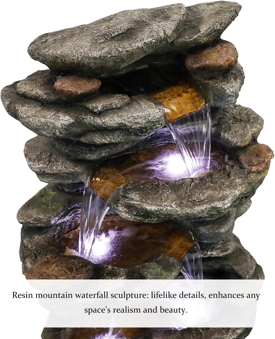 SunJet 40.5” High Rocks Outdoor Water Fountain - 6-Tiers Cascading Waterfall with LED Lights, Soothing Tranquility for Home Garden, Yard Decor