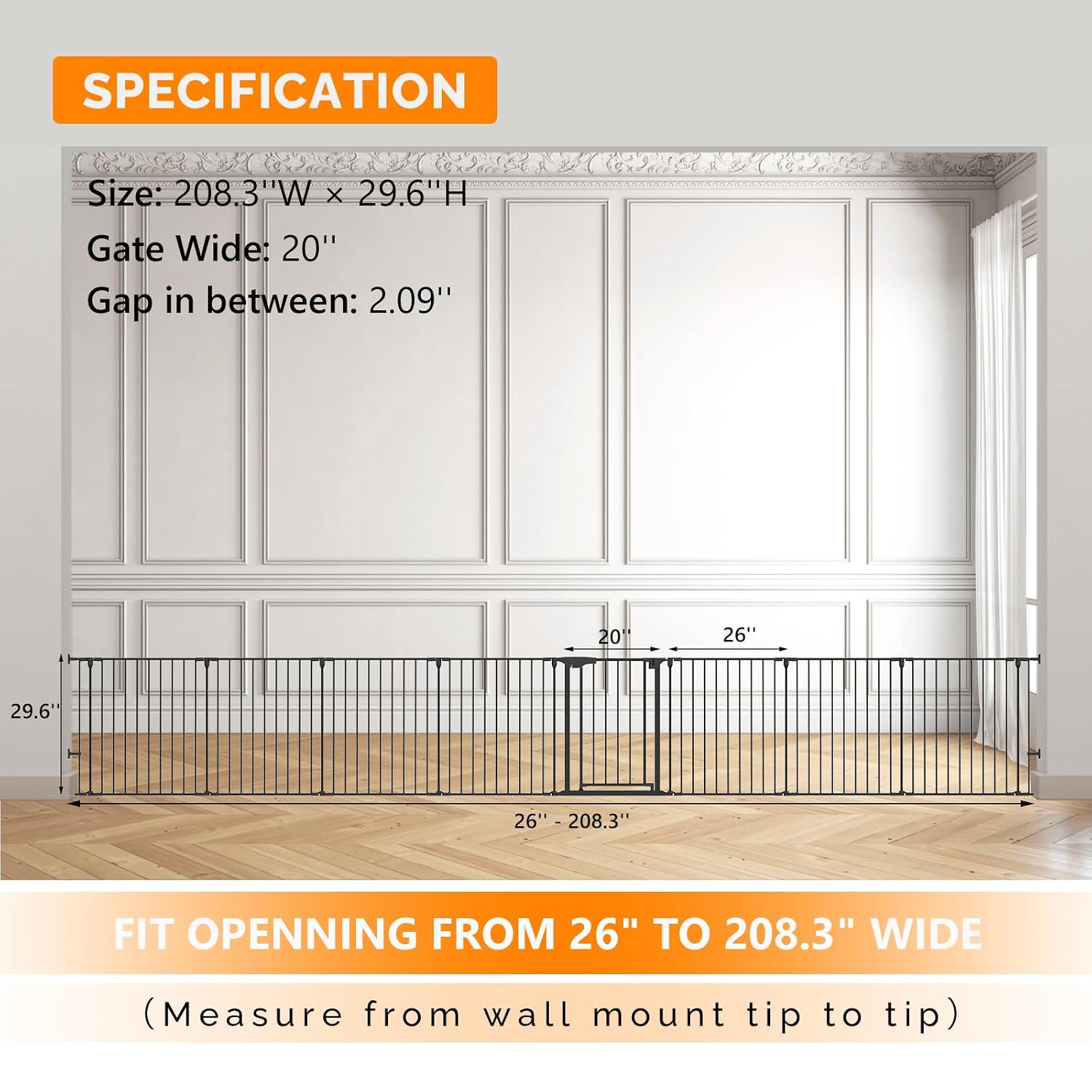 Bonnlo 134 Inches Wide Configurable Baby Gate, Fireplace Safety Fence/Guard, Adjustable 5-Panel Metal Play Yard for Toddler/Pet/Dog, Christmas Tree Fence, Includes 4 Pack of Wall Mounts, Black