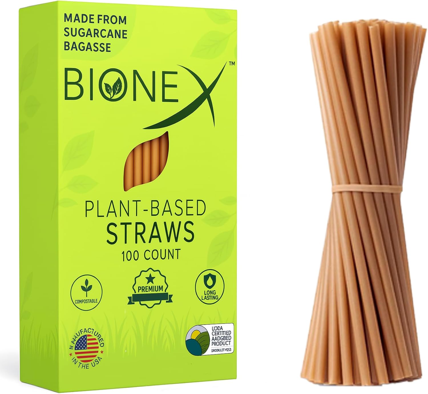 Bionex 8” Sugarcane Straws, 100 Count – Biodegradable & Compostable Disposable Drinking Straws, Made in USA