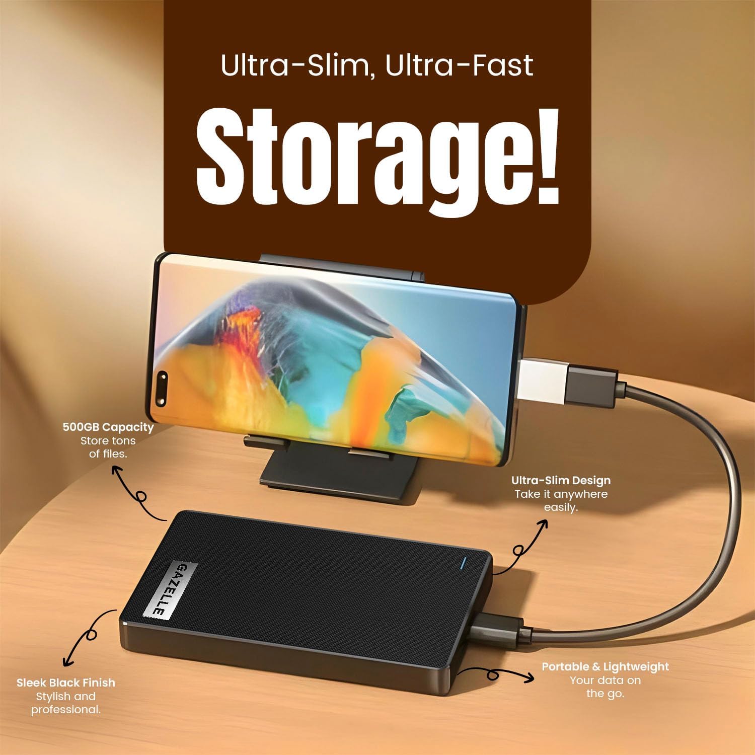 GAZELLE High-Speed 1TB Ultra Slim Portable External Hard Drive - 2-in-1 Type C & USB 3.0, Compatible with PC, Mac, Laptop, PS4, Xbox, iPad, Tablet