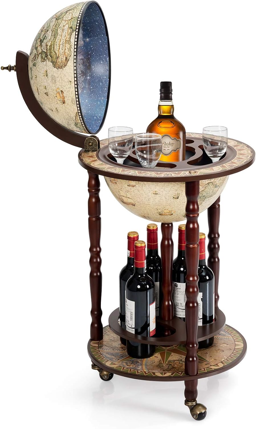 LDAILY Moccha 17” Globe Wood Wine Bar Stand, 16th Century Italian Replica Liquor Bottle Shelf w/Wheels, Wood Wine Cart Cabinet w/Bottom Shelf
