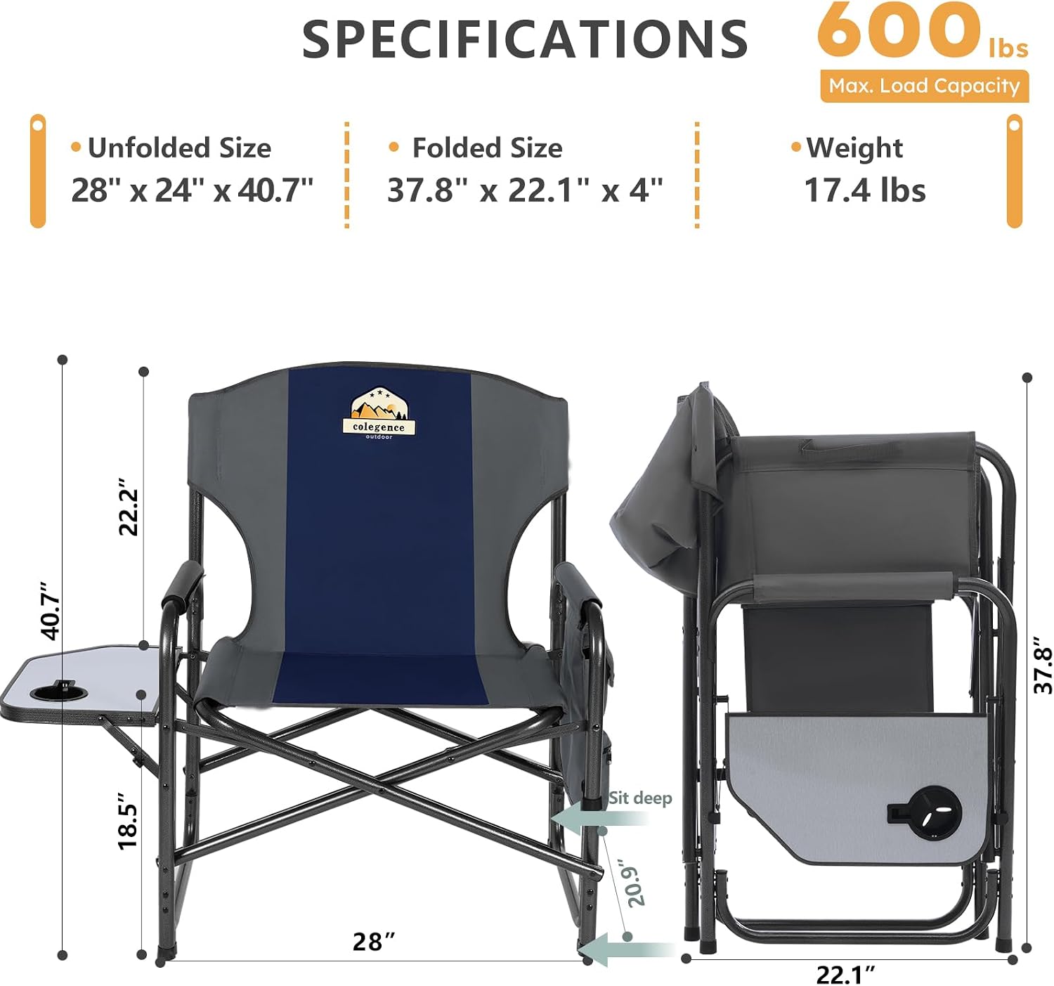Colegence Oversized Directors Camping Chair for Adults, 600 lb, Black | Heavy duty folding outdoor chair with 28" wide seat, supportive back, side table, cup holder and detachable storage pocket