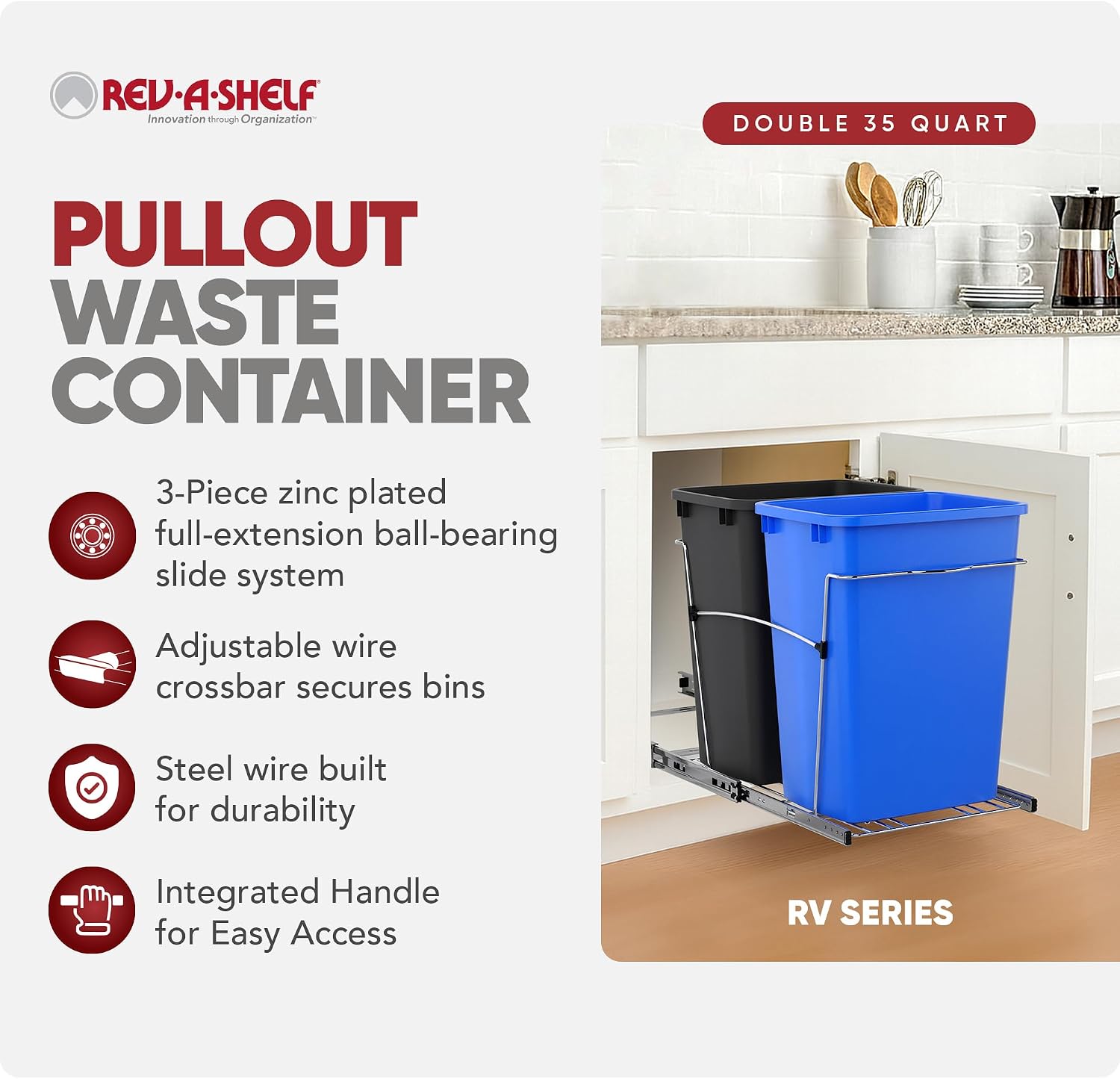 Rev-A-Shelf Double Pullout Garbage Trash Cans for Kitchen Cabinets, 35 Qt