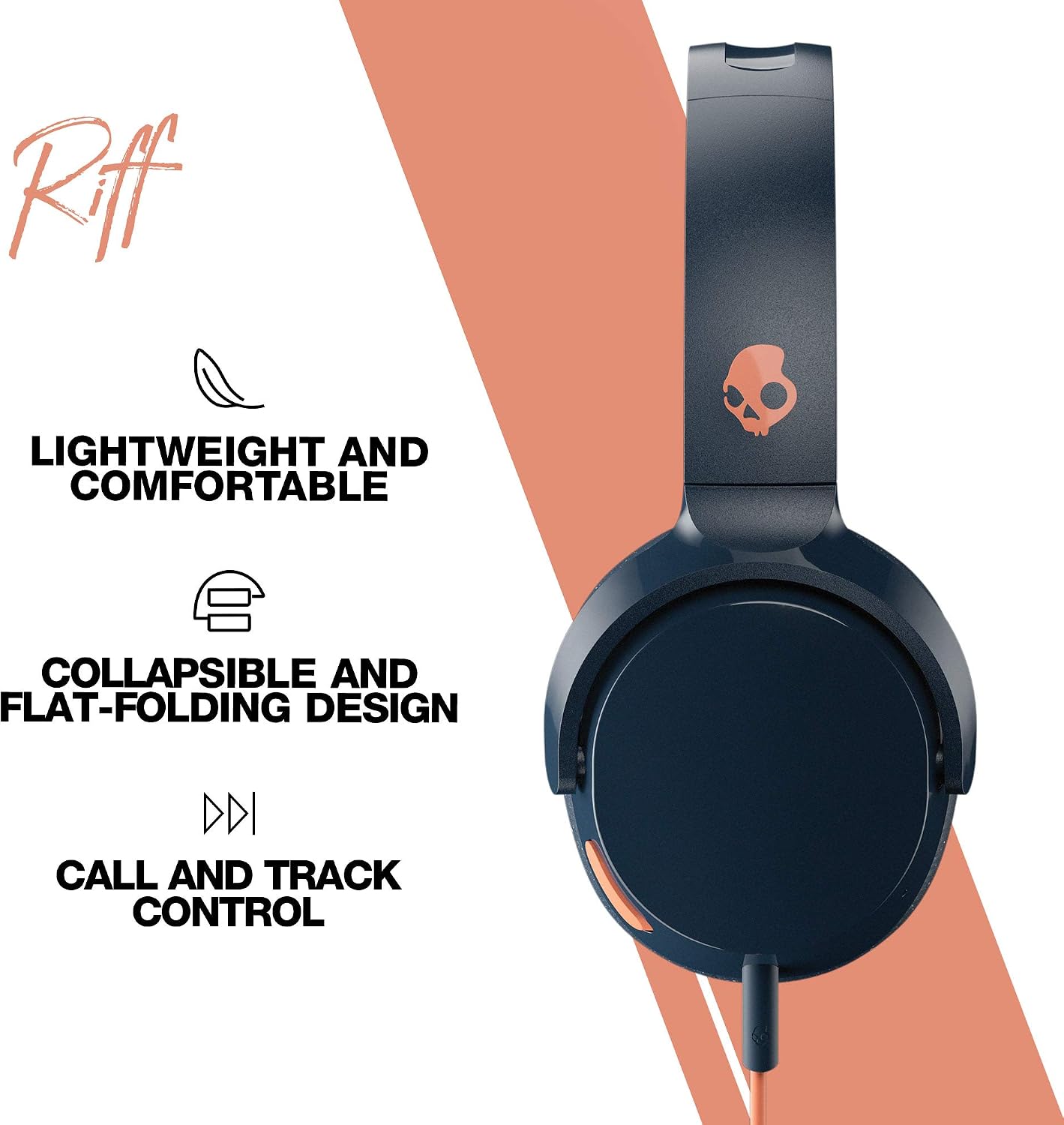 Skullcandy Riff On-Ear Wired Headphones with 3.5mm AUX Plug - Black | Travel Ready with 3.5mm Wired Connection, Built-In Microphone, Foldable Lightweight Comfortable Design, Durable Headband