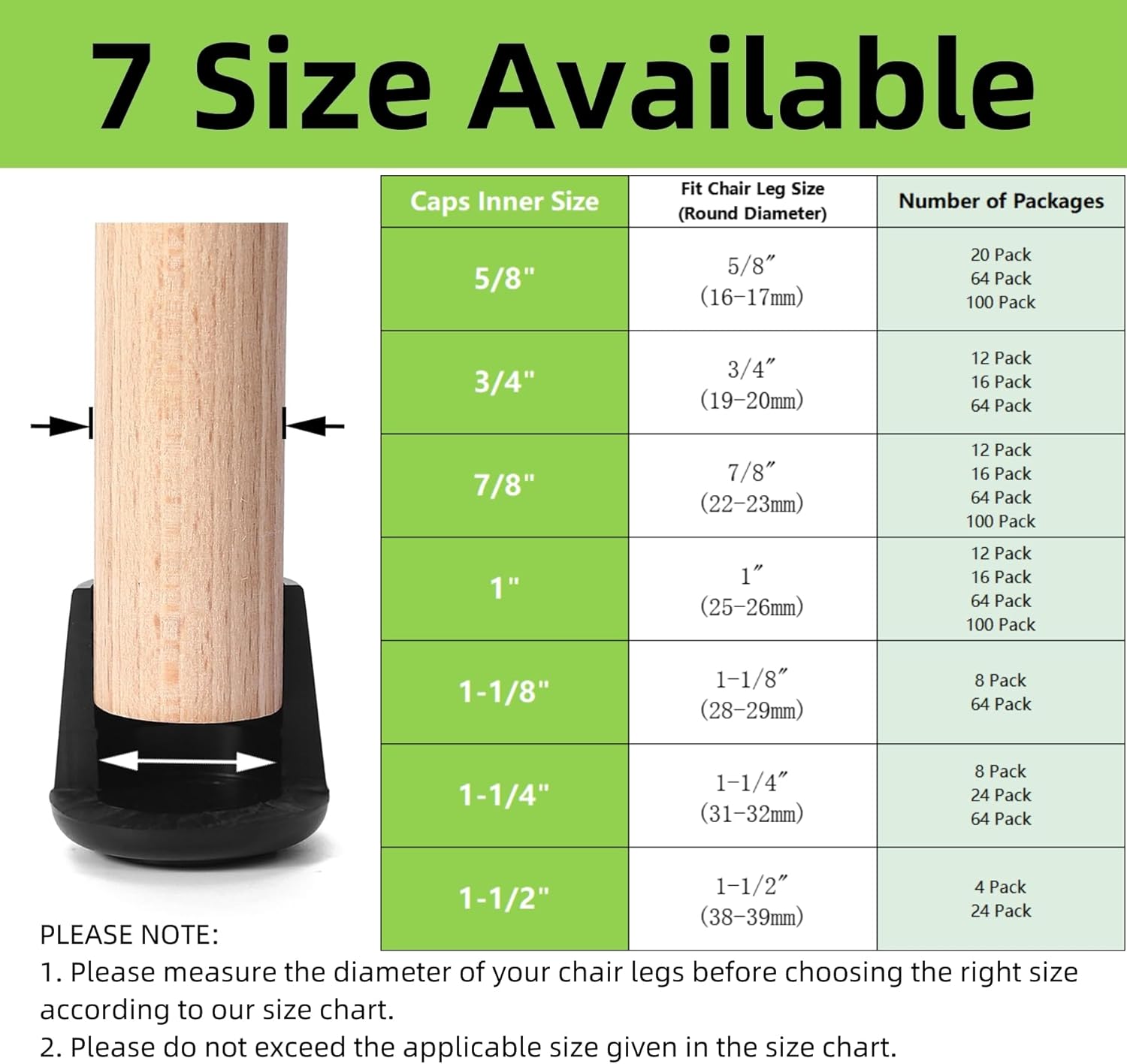 Furnigear Chair Leg Tips Caps Non-Slip Rubber Leg Tips 1-1/2” Inner Diameter Chair Leg Floor Protectors Round Black 4 Pack (Fit Round Diameter