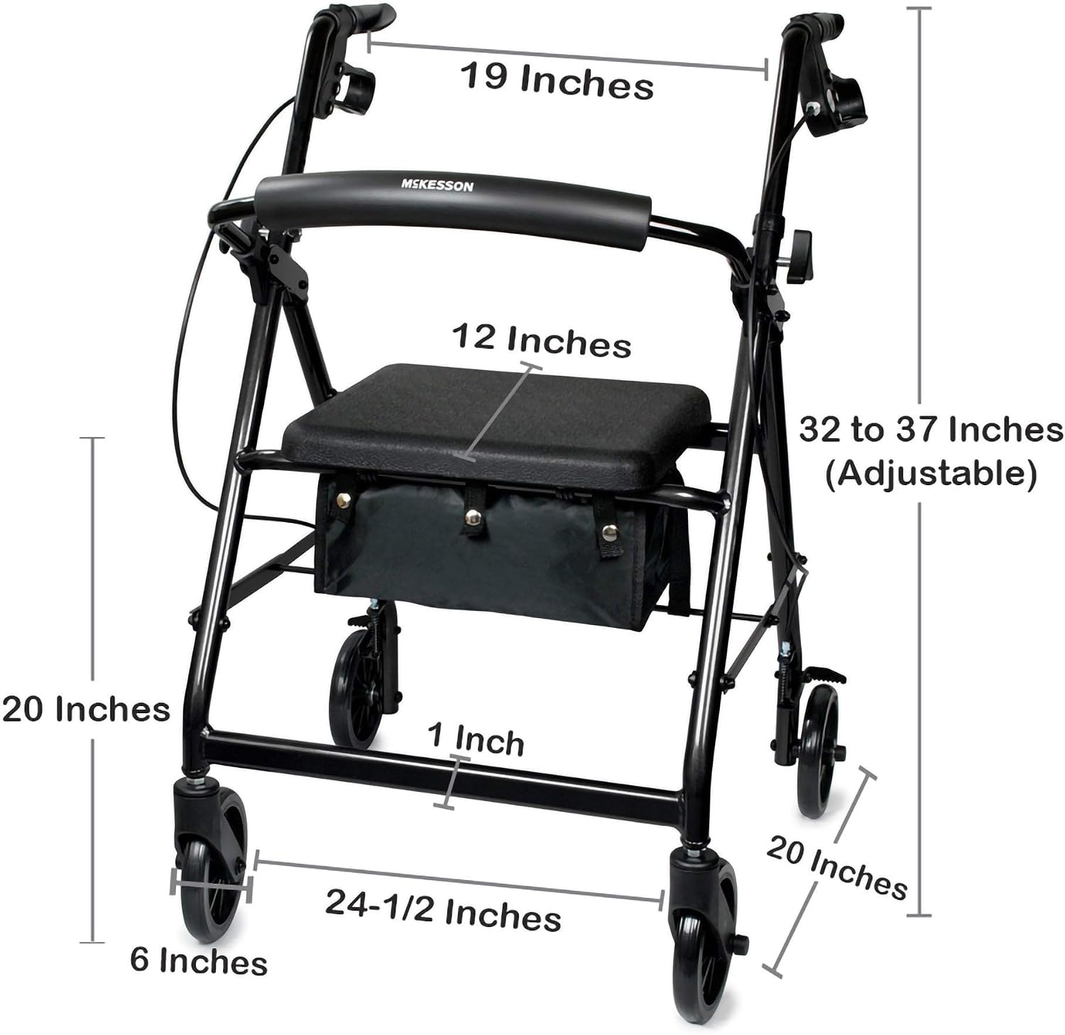 McKesson Rollator Walker with Seat and Wheels, Black, 1 ct