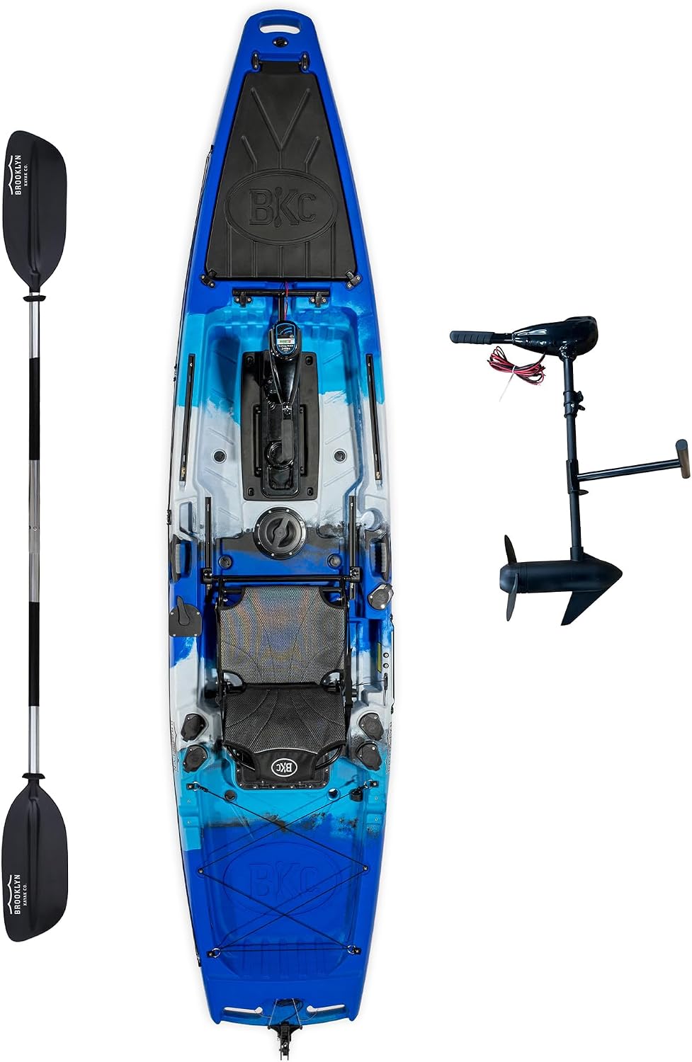 BKC Brooklyn 12.5 Pro Pedal Fishing Kayak, Propeller Drive | Hands-free propeller drive, rudder steering, 550 lb capacity, dry storage, rod holders, 12.5 ft sit-on-top hull