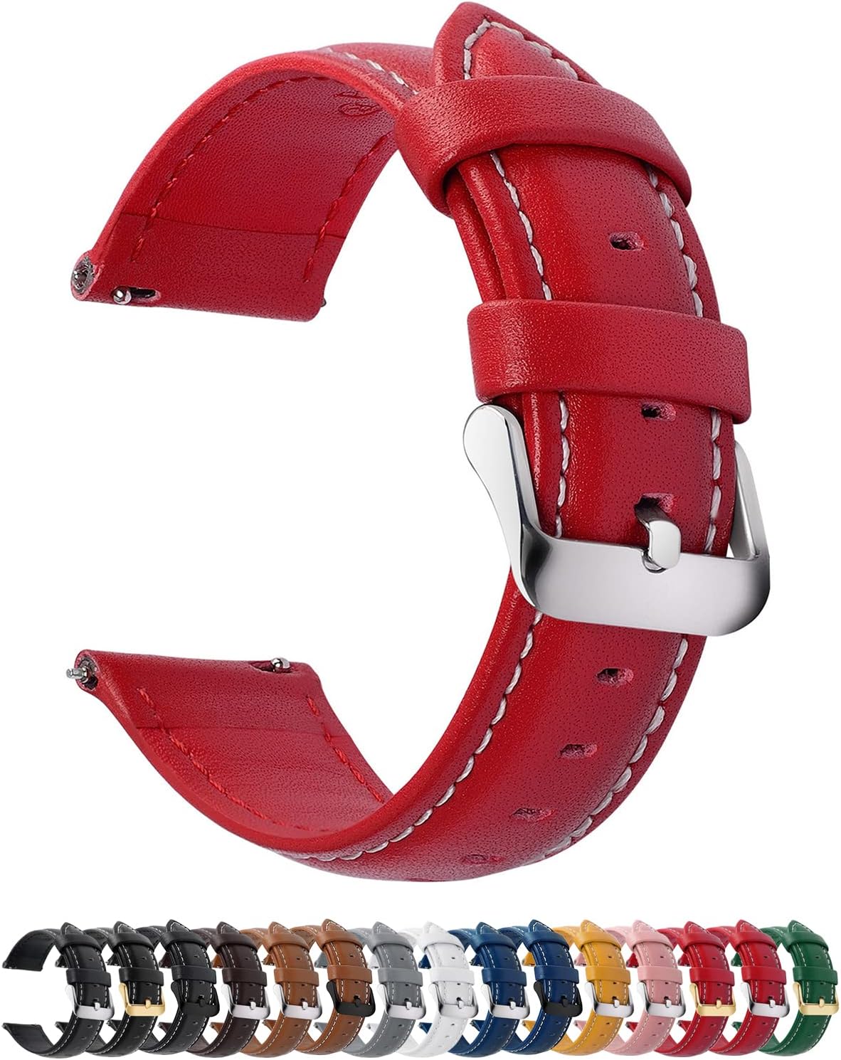 Fullmosa 22mm Quick Release Leather Watch Band for Garmin Samsung Galaxy | Strap for Garmin Vivoactive 4 45mm,Garmin Venu 4(45mm)/Venu 3/Venu 2,Samsung Galaxy Women Men, Red&Silver Buckle