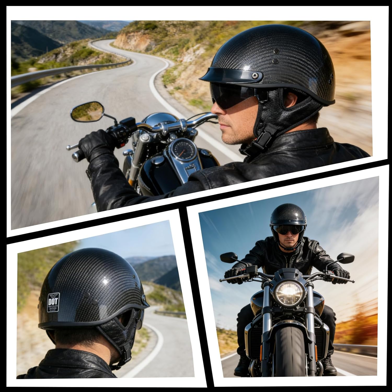 VCOROS Carbon Fiber Open Face Retro Motorcycle Half Helmet DOT