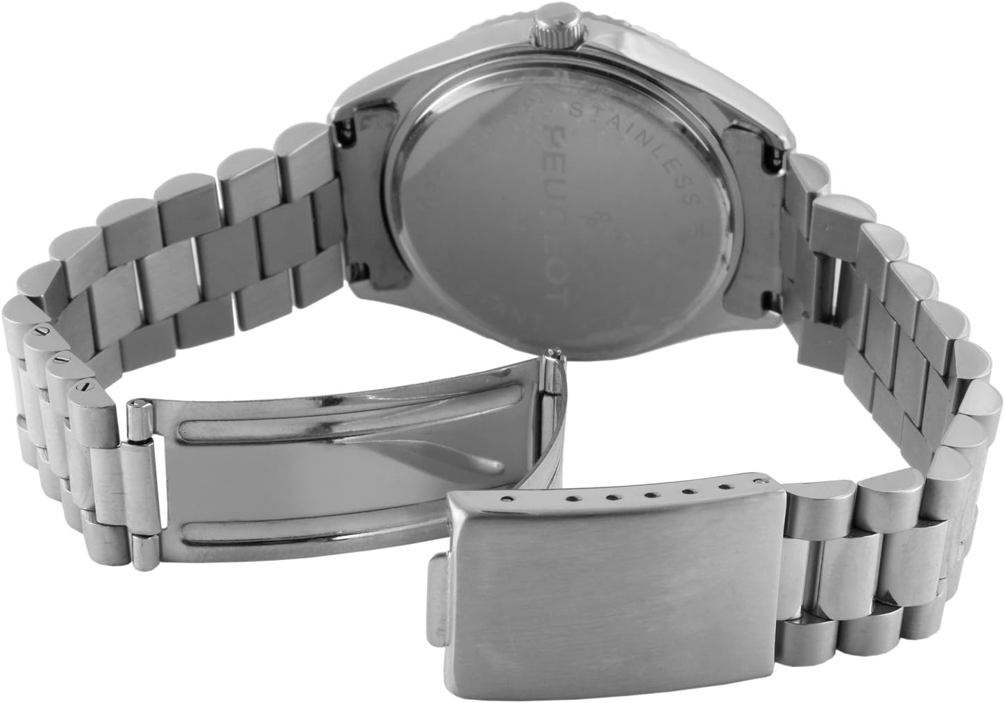 Peugeot Men's Stainless Steel Big Face Luxury Watch with Day Date Windows, Roman Numerals & Coin Edge Fluted Bezel Watch
