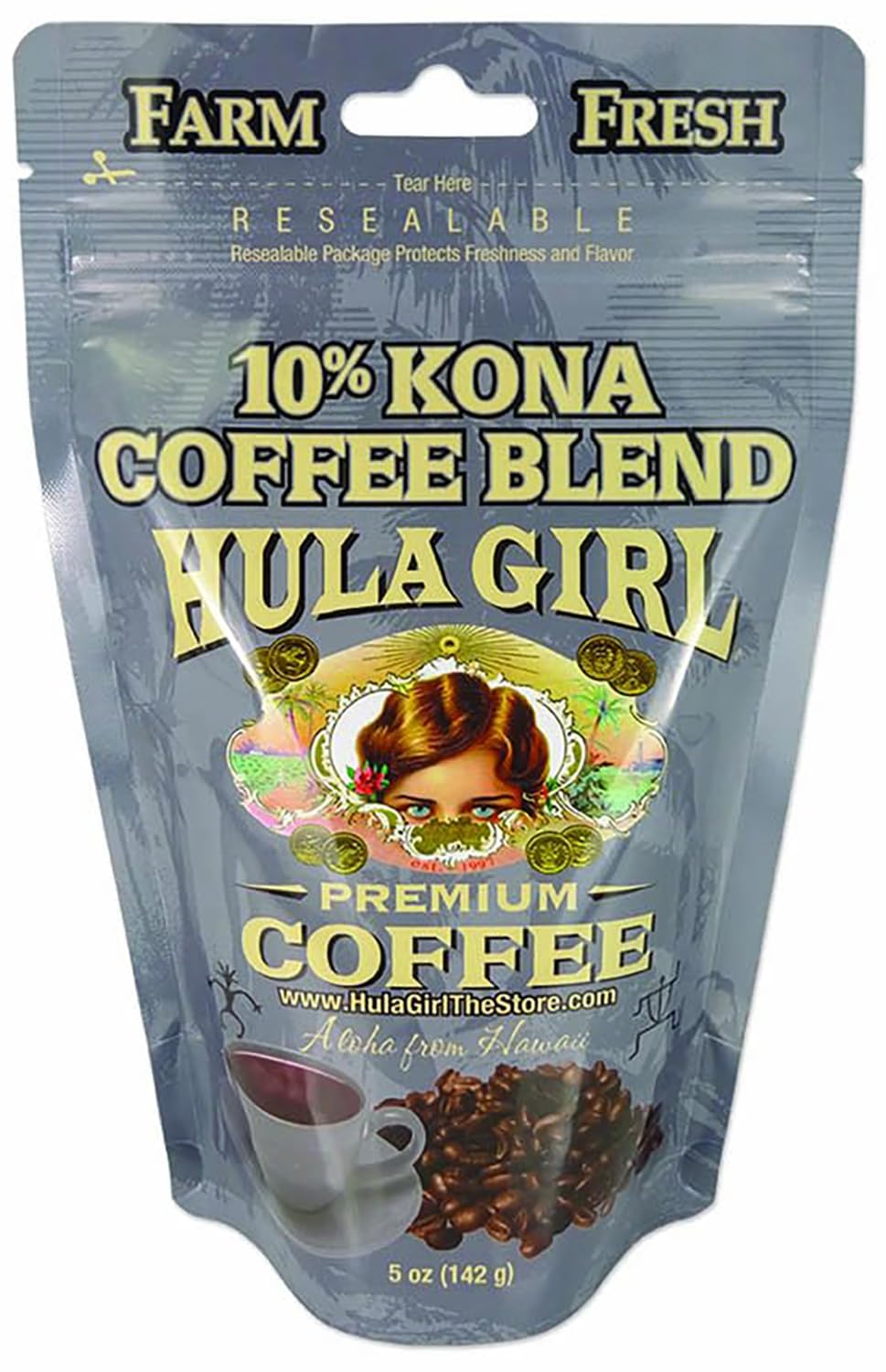 Hula Girl 10% Kona Ground Coffee, Grown in Hawaii, Hand Picked, Sun Dried, Fresh Roasted and Packed in Hawaii for 30 years, 7 Ounce