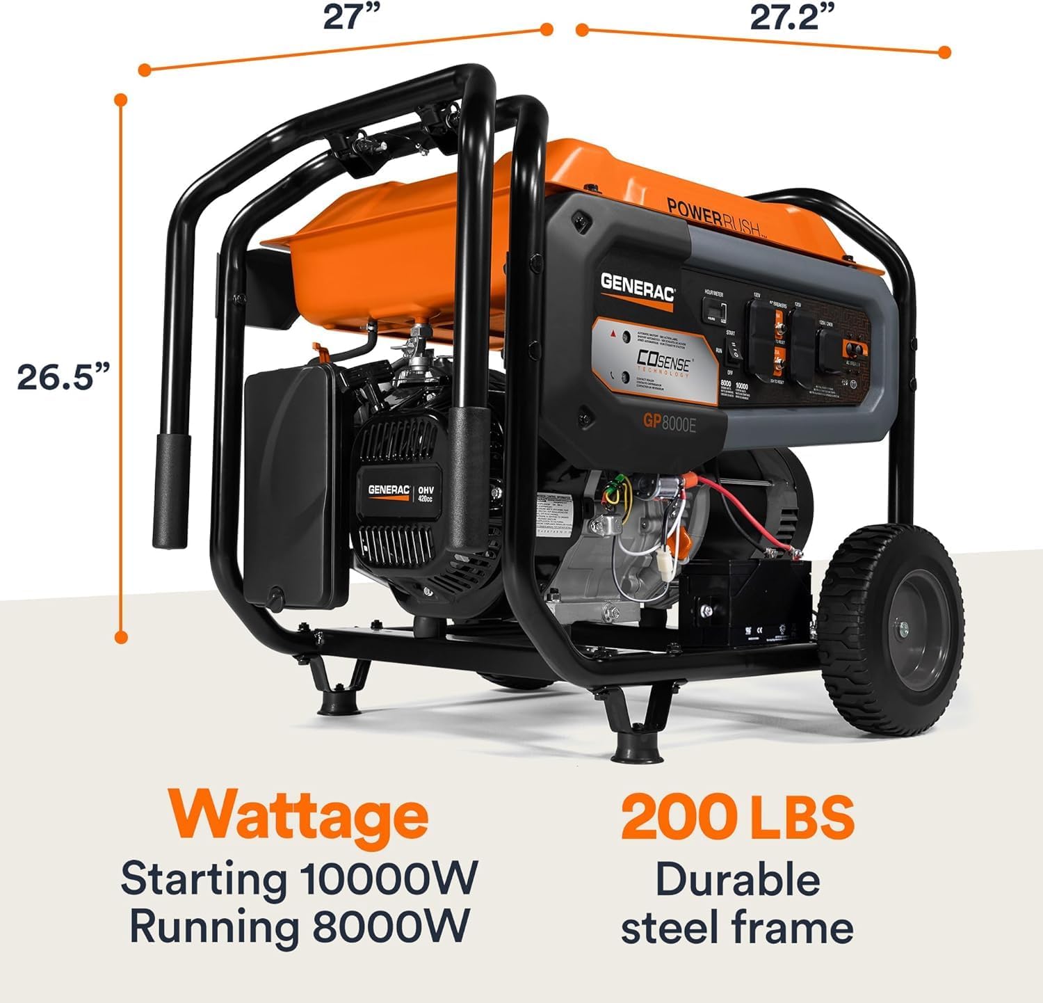 Generac 12,500 Starting Watt Tri-Fuel Portable Generator, Electric Start | Gas, Propane, Or Natural Gas Fuel Options, COsense CO Detection, 9.5 Hour Runtime, Emergency Home Backup, 49 State Compliant