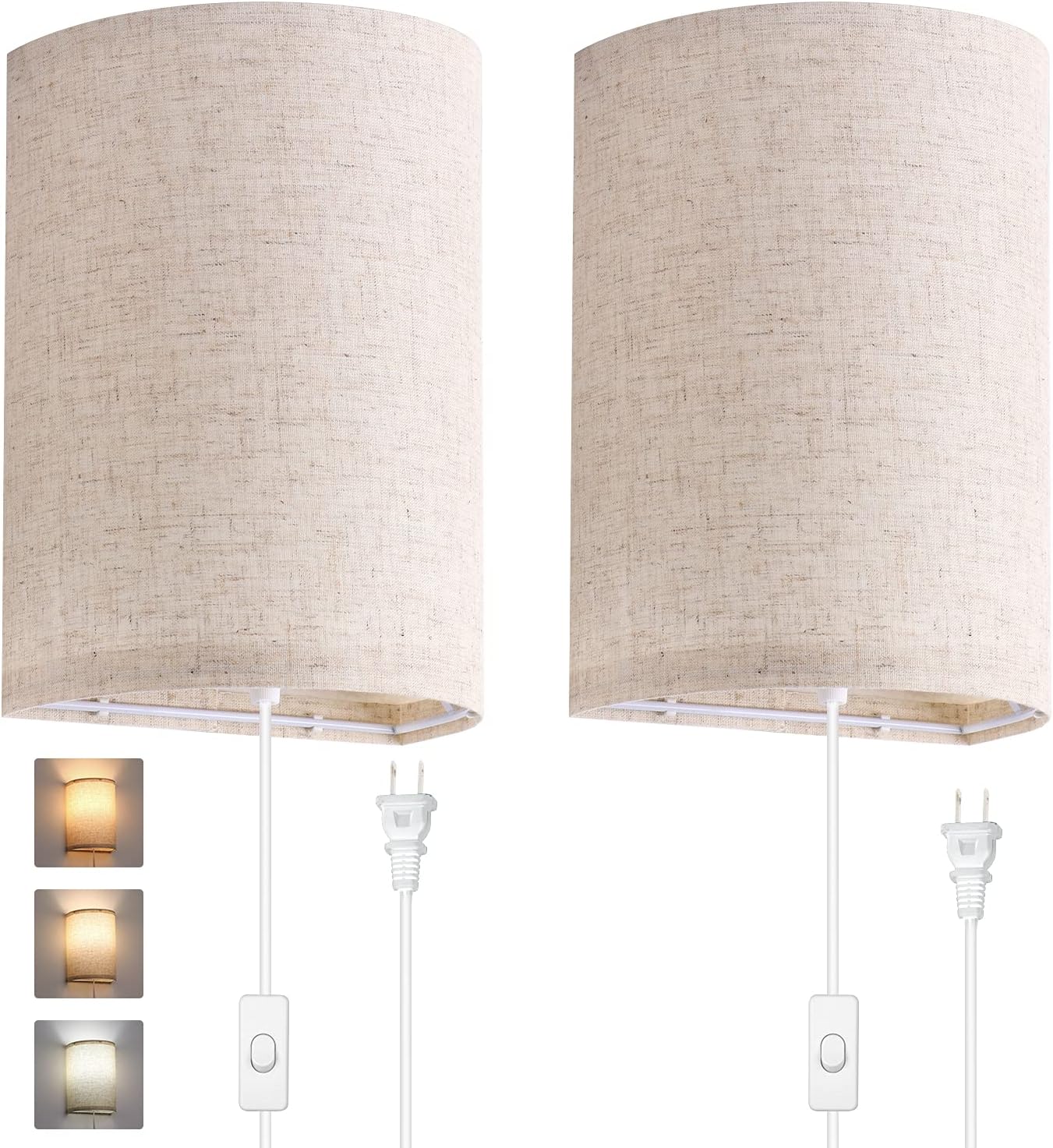 AVV Wall Sconces Set of Two, Wall Lamp Plug in with On/Off Switch, 2700K 4000K 5000K Selectable, Wall Lights for Bedroom, Living Room