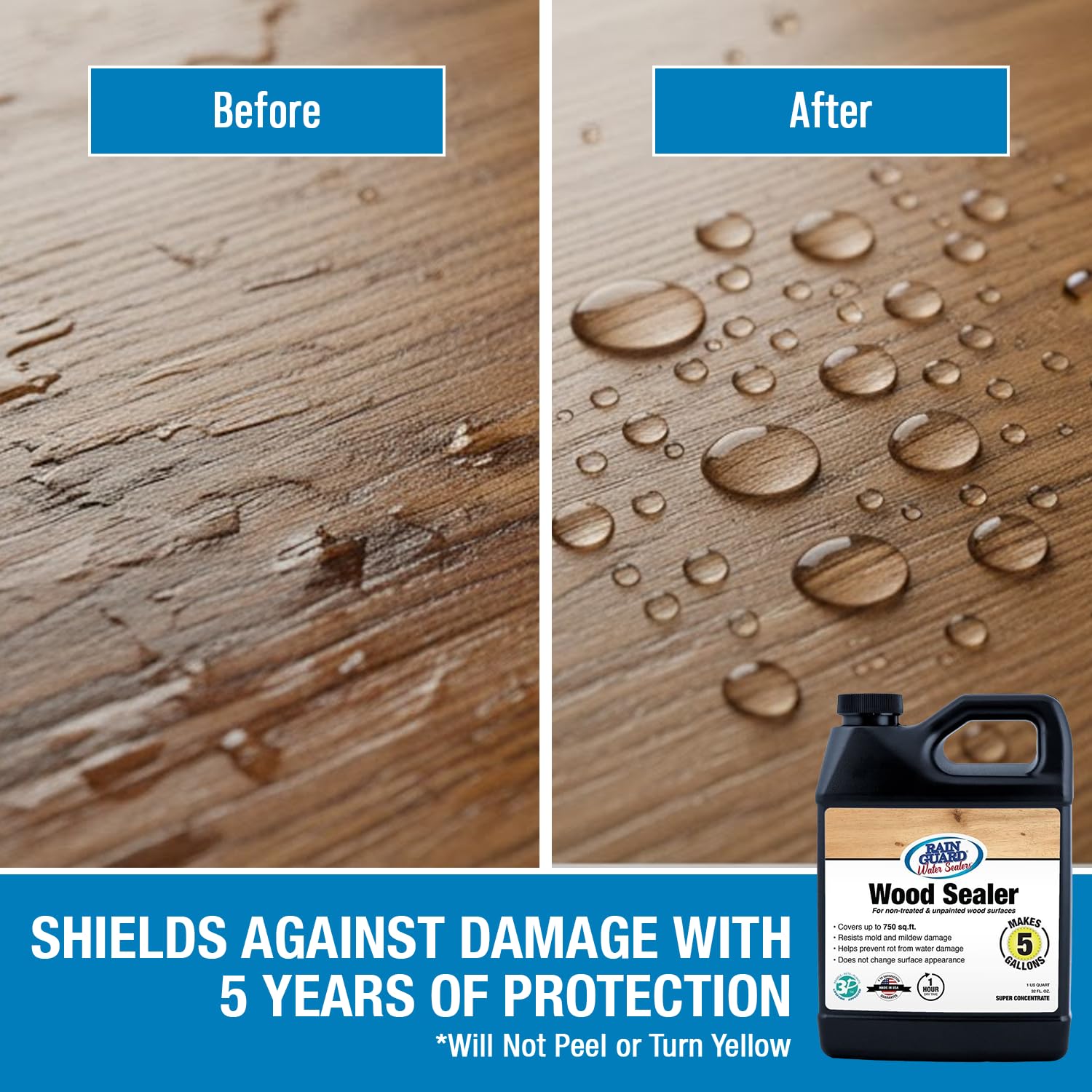 Rain Guard Wood Sealer Concentrate | Makes 2 Gallon | Protects Wood from Water Damage, Rotting, and Stains | Water Based Silane/Siloxane | Eco-Friendly | VOC-Free | Natural Finish