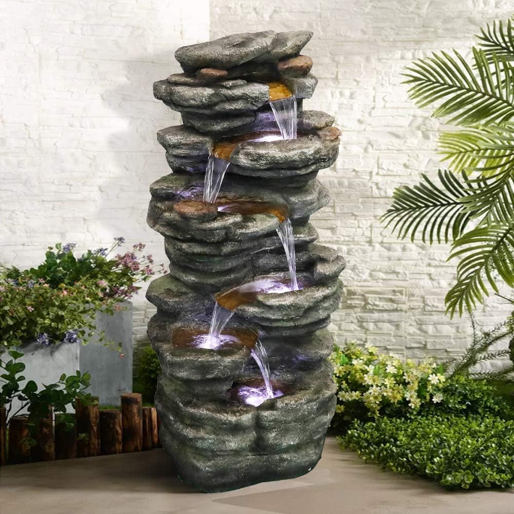 PeterIvan Outdoor Relaxing Waterfall - 6-Tier Fountain with 6 LED Lights, Stone-Liking Resin for Patio, Garden, House&Office (40.6in, Grey)