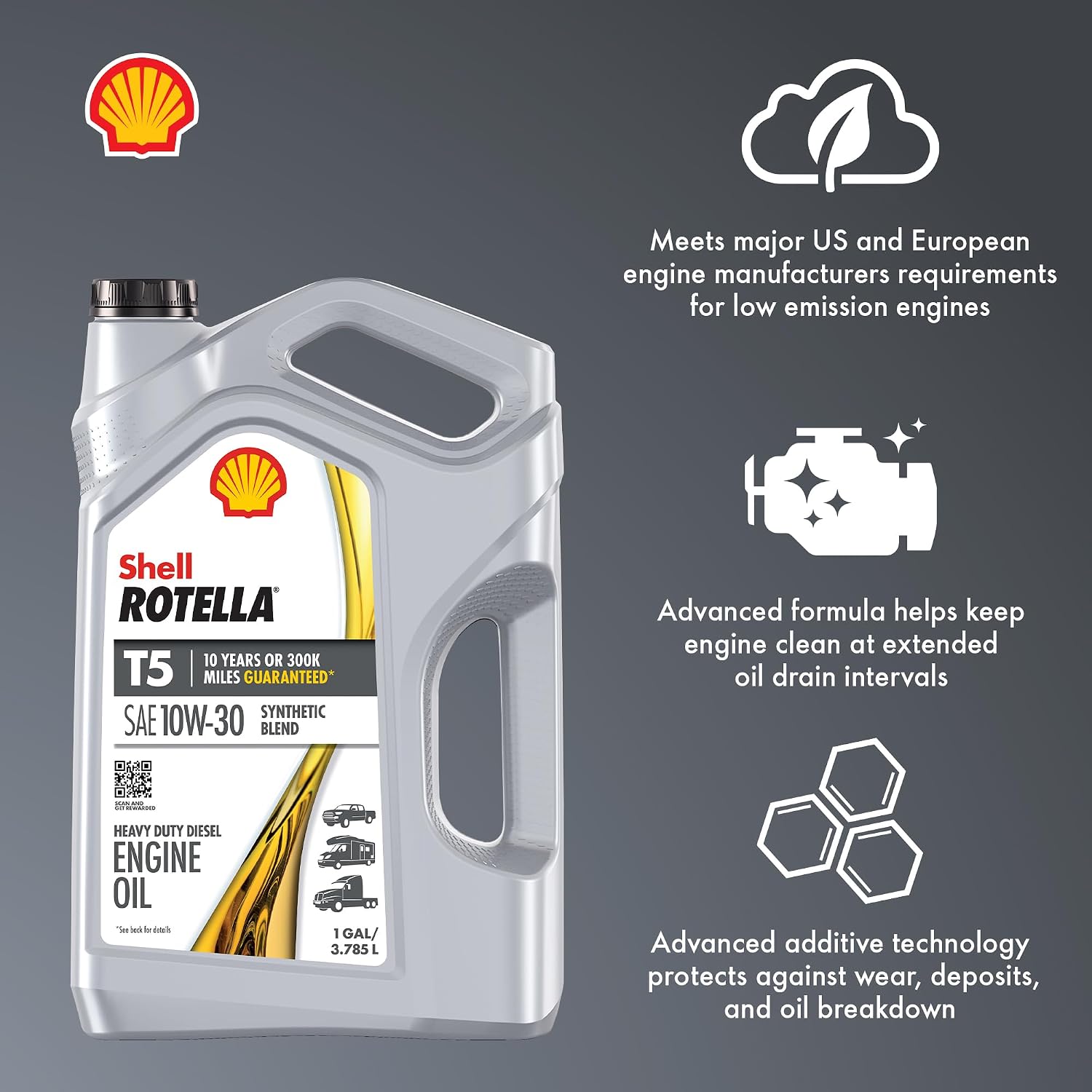 Shell Rotella T5 Synthetic Blend 15W-40 Diesel Engine Oil, 1 Gallon (3 Pack)