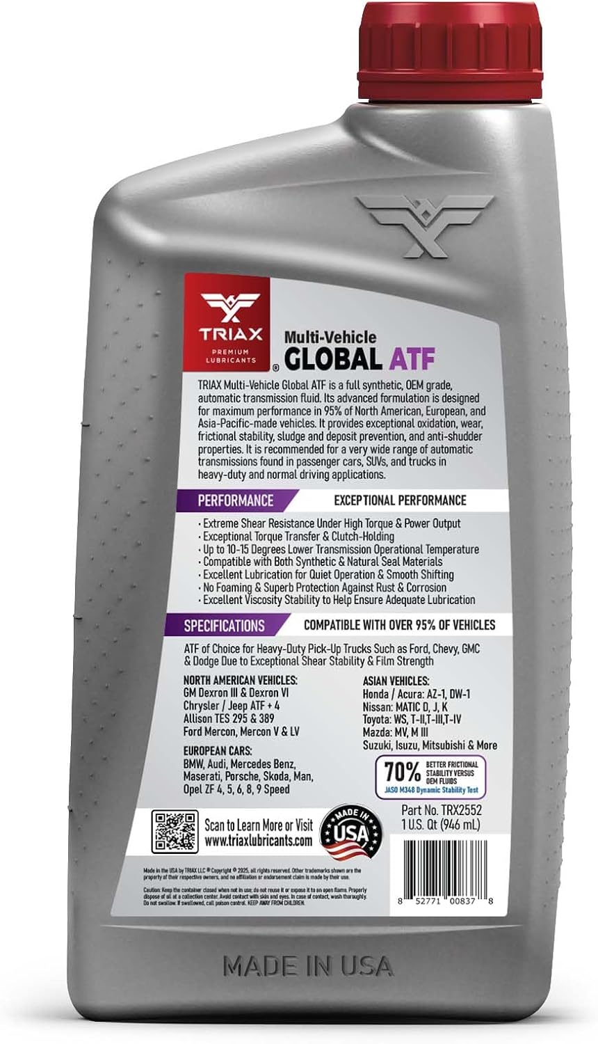 TRIAX Multi-Vehicle Global ATF Full Synthetic | Compatible with Honda DW-1, Dexron III & VI, Mercon V, Nissan Matic, ATF +4, TES 295 & More | OEM Grade Automatic Transmission Fluid (1 Quart)