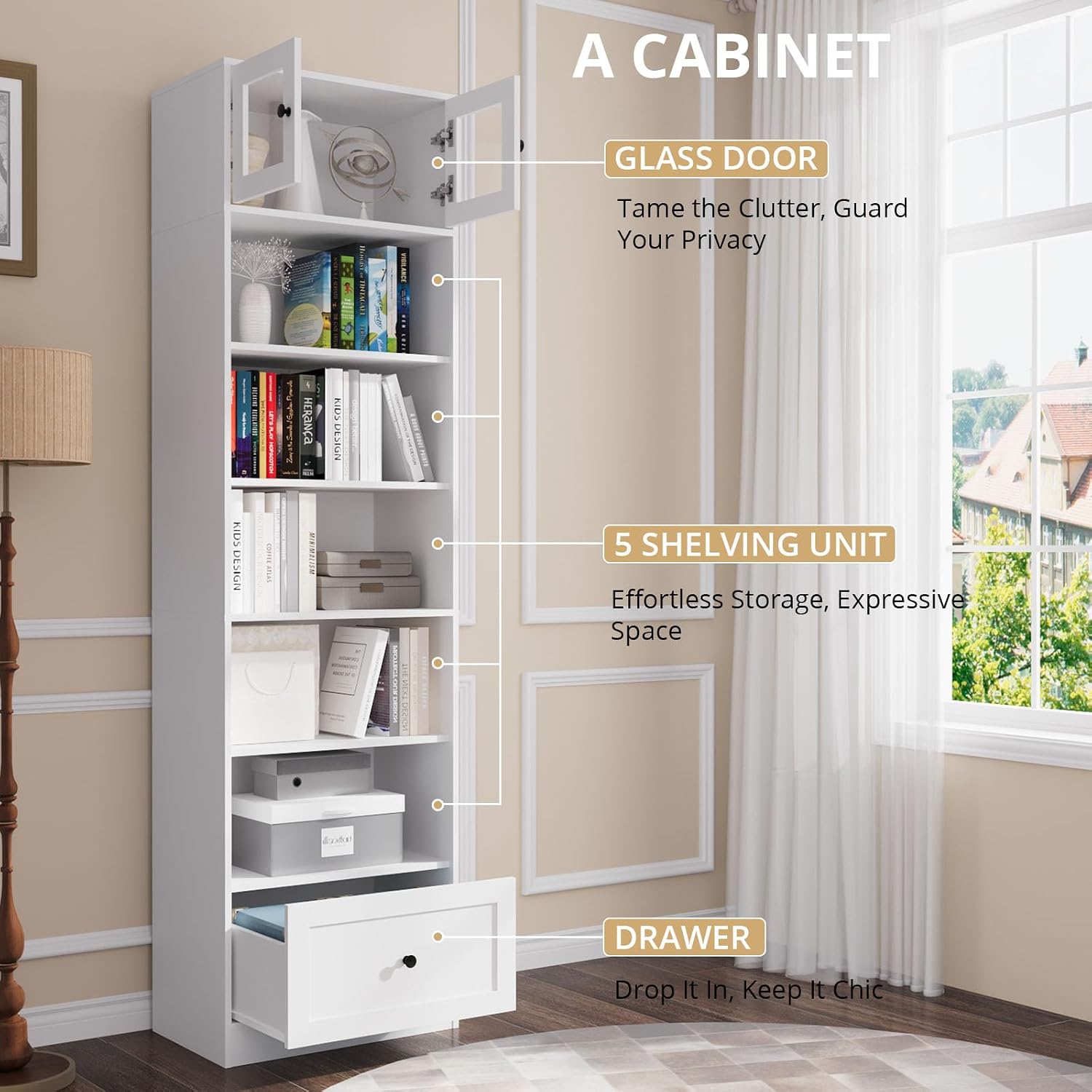 TUSY 85.5 Inch Tall Bookshelf with Doors - 7 Tier Bookcase with Glass Doors and Drawer, 23.6" Wide Storage Cabinet with Open Shelves for Living Room, White Book Shelf for Home Office, Study (AAAA)