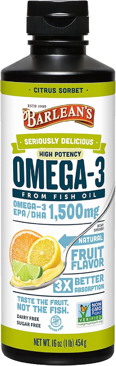 Barlean's Mango Peach Omega-3 Fish Oil, Vitamin D, 1080mg EPA & DHA, 8oz | Wild-caught fish oil plus vitamin D, EPA DHA omega-3, Burpless, Non-GMO, Gluten-free, Heart, brain, bone & immune