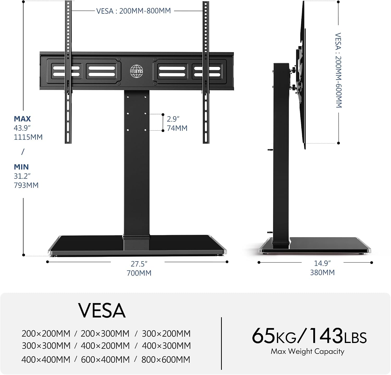 FITUEYES Universal TV Stand with Swivel Mount for 50-85 inch Flat Screens - Height Adjustable Tempered Glass Base Holds up to 143 lbs