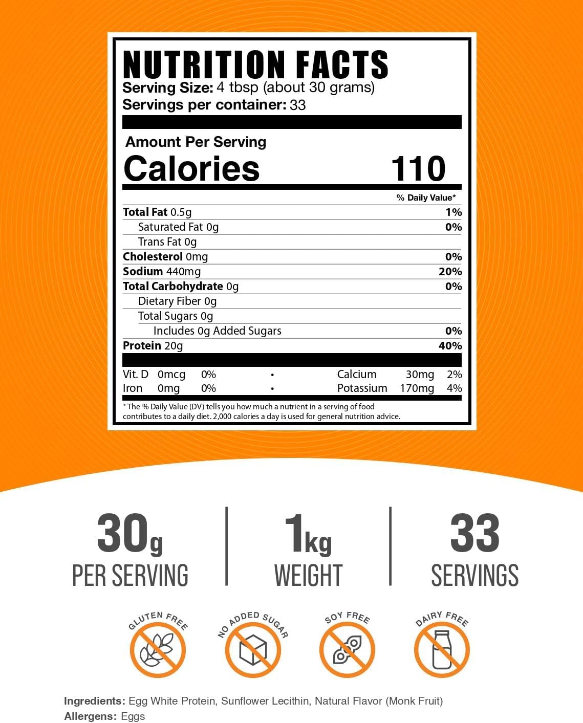 BulkSupplements.com Egg White Protein Powder - Egg White Powder, Lactose Free Protein - Unflavored & Dairy Free, 30g per Serving, 500g (1.1 lbs) (Pack of 1)