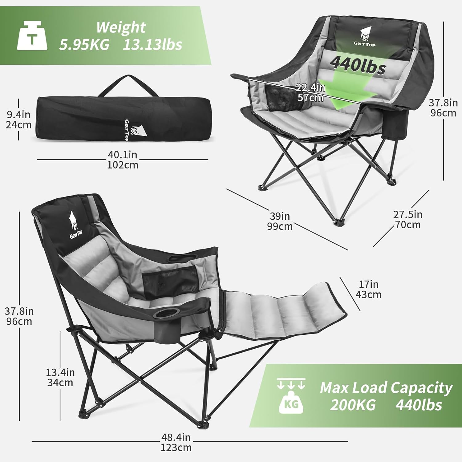 GEERTOP Oversized Padded Camping Folding Chair with Removable Footrest | Extra Comfort chair, Heavy-duty Frame, Supports up to 400 lbs, Foldable
