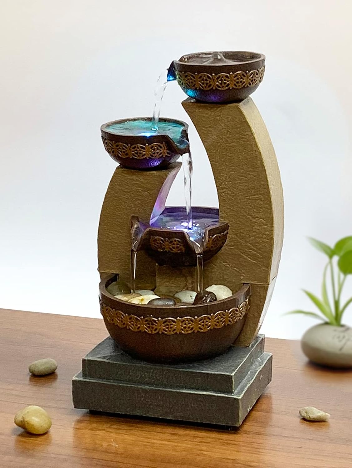 11" H Golden Tiered Bowl Fountain with Color Changing LED Lights with Adapter Brown