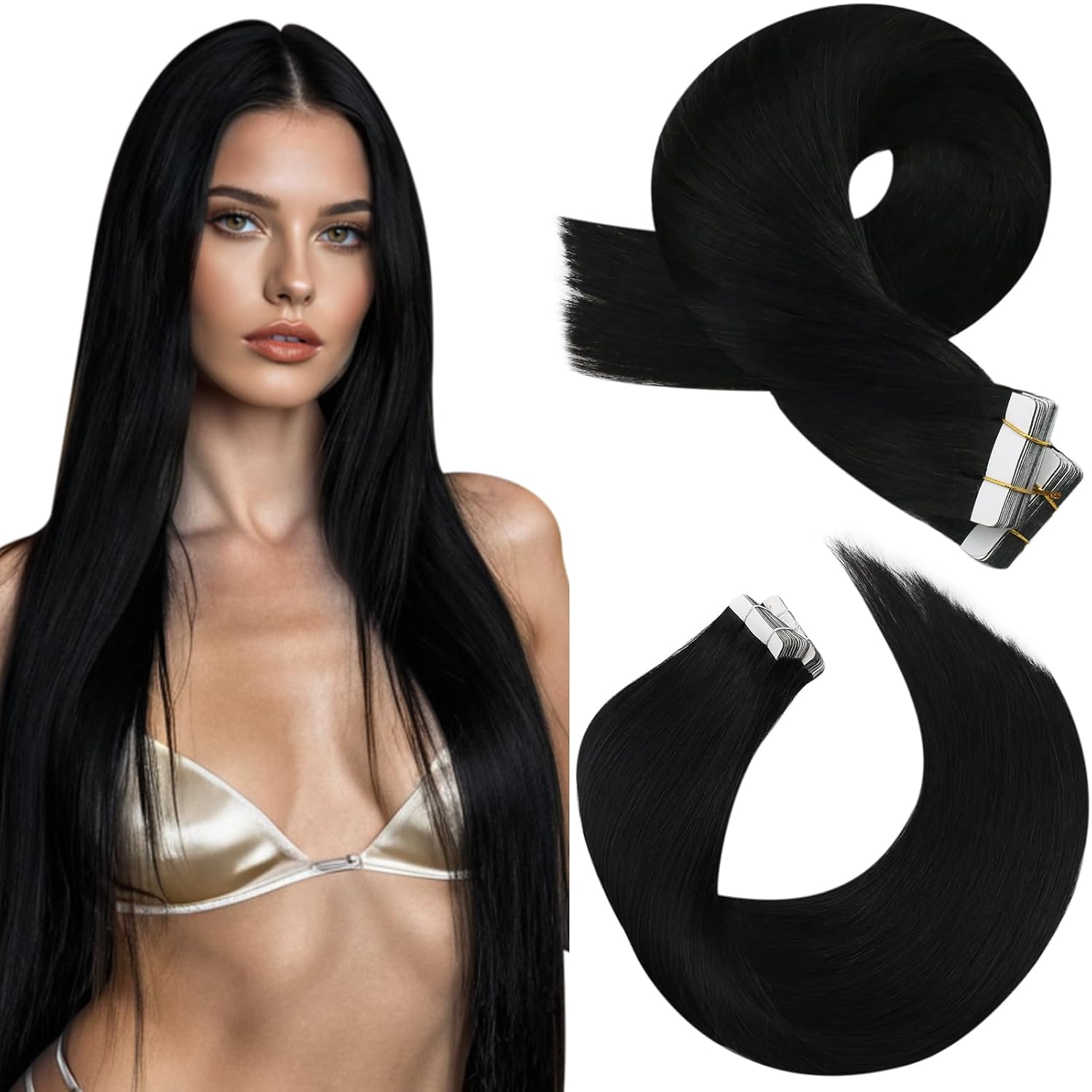 Moresoo Black Tape in Hair Extensions Human Hair, 18 Inch, 20Pcs, 50g