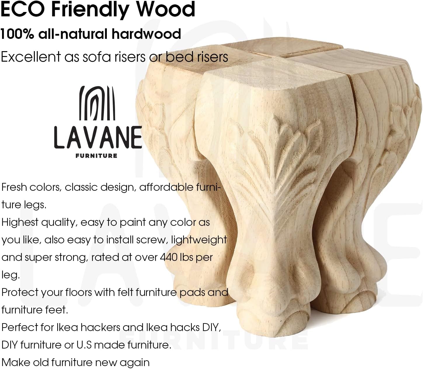 La Vane 6 inch / 15cm Wooden Furniture Legs, Set of 4 European Style Solid Wood Carving Furniture Replacement Feet Decoration for Sofa Cabinet Wardrobe Table Loveseat