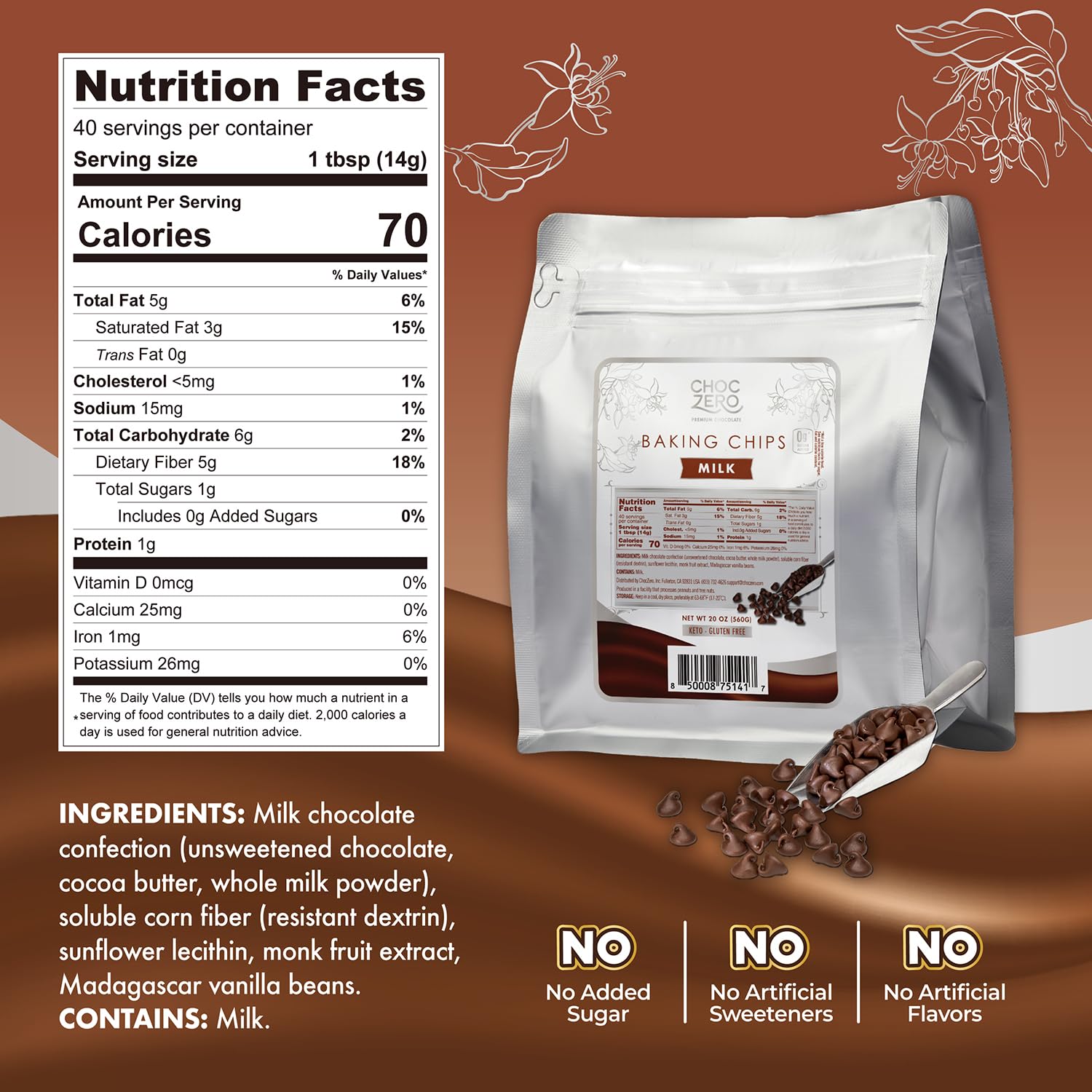 ChocZero Sugar Free Chocolate Chips, Milk Chocolate, 20 oz Bag