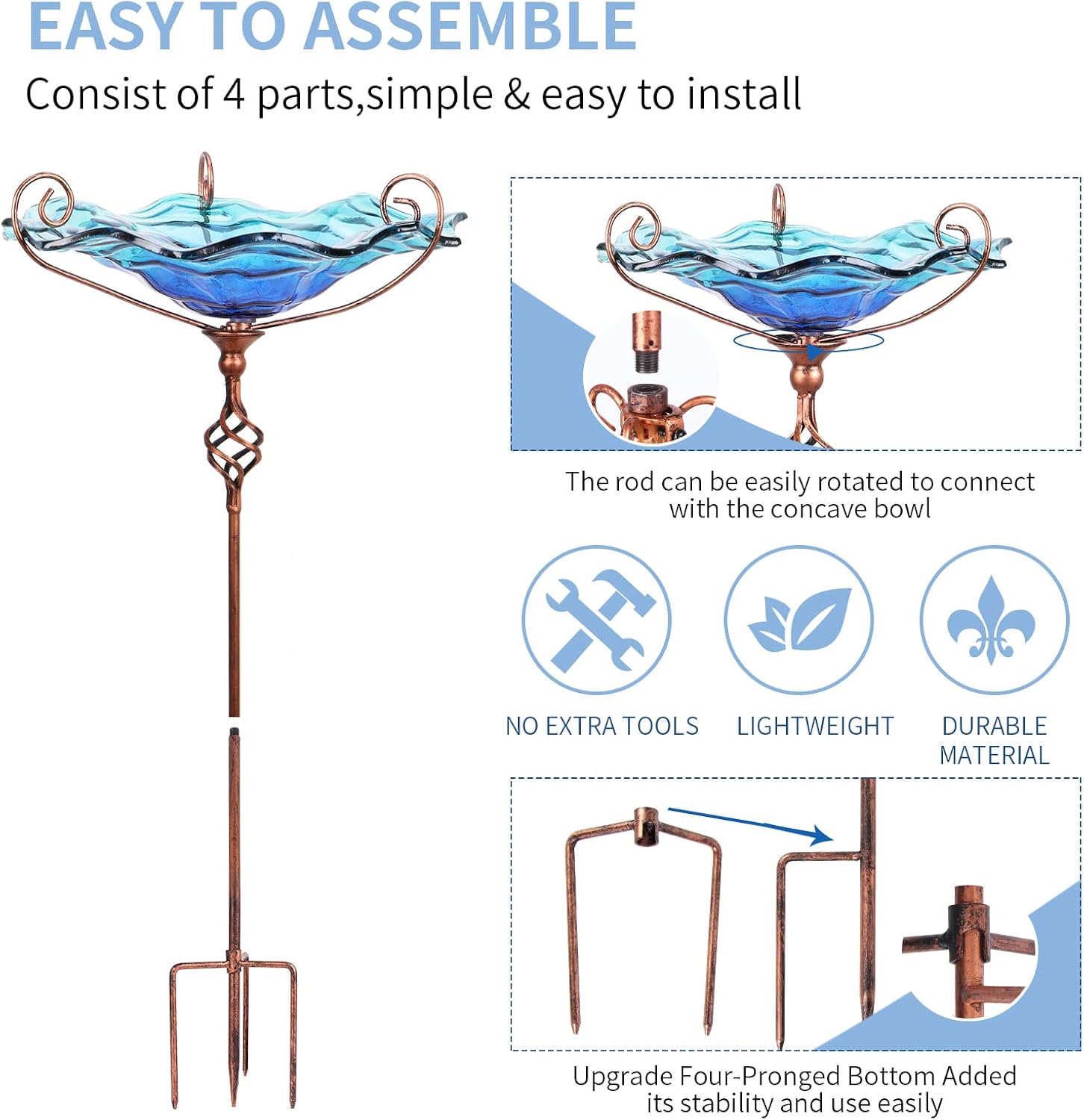 VCUTEKA Glass Bird Bath Outdoor Birdfeeder with Metal Stake Garden Decor