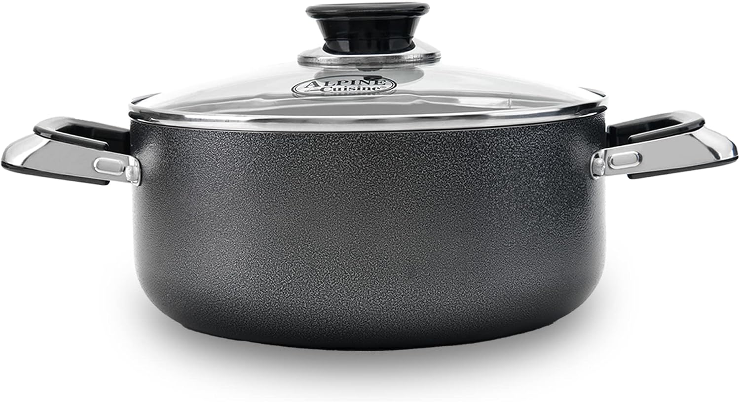 Alpine Cuisine 4 Quart Non-stick Stock Pot with Tempered Glass Lid and Carrying Handles, Multi-Purpose Cookware Aluminum Dutch Oven for Braising, Boiling, Stewing
