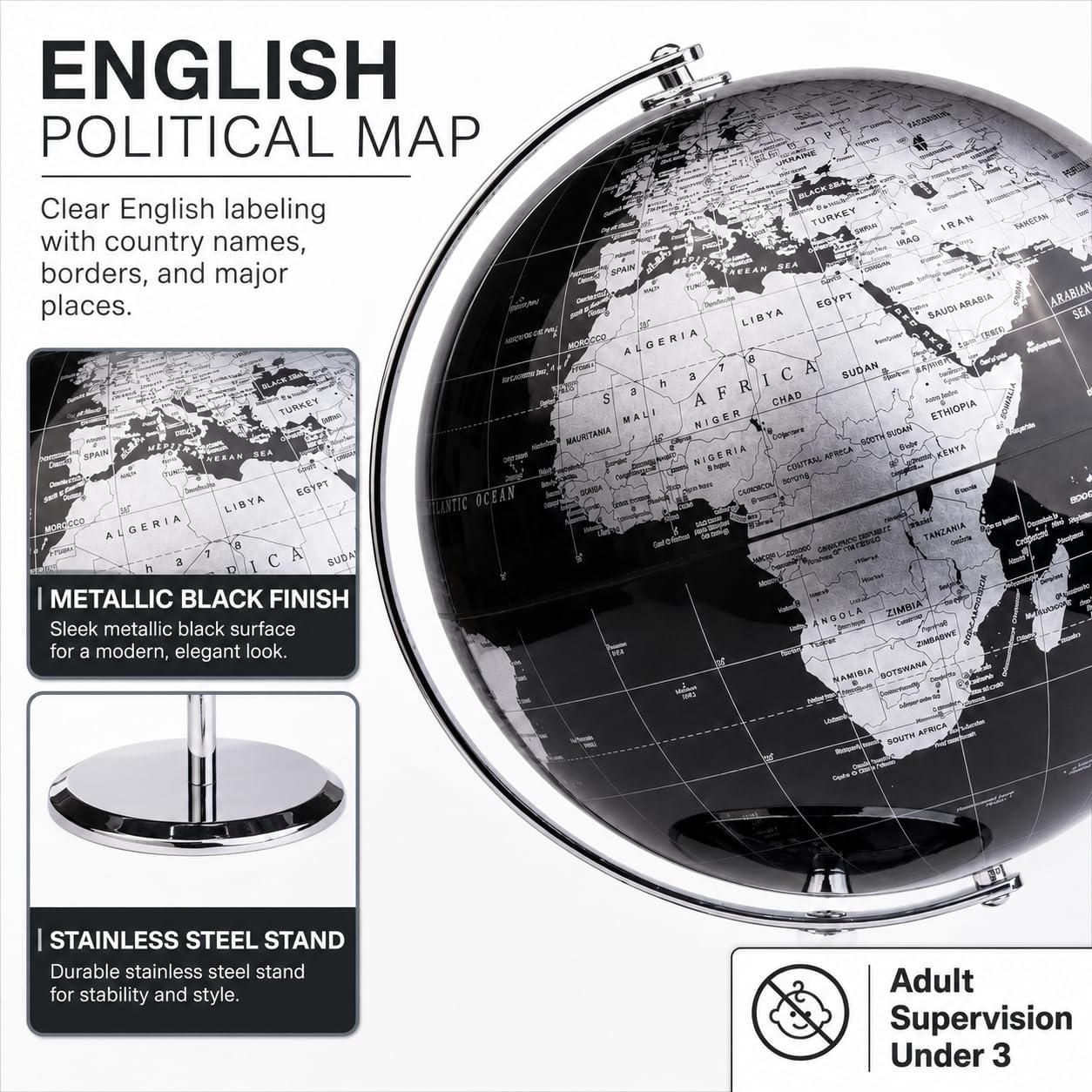 EXERZ 5.5 Inches Mini World Globe Black Rotating Desktop Globe | With Stainless Steel Base for Home Office School