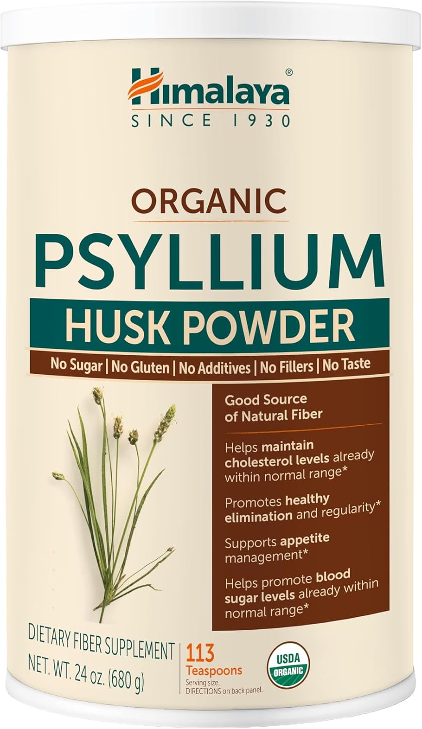 Himalaya USDA Organic Psyllium Whole Husk Powder, Natural Daily Fiber Supplement, Regularity, Appetite Management, Non-GMO, 56-Tablespoon Supply, Unflavored, 12 Oz