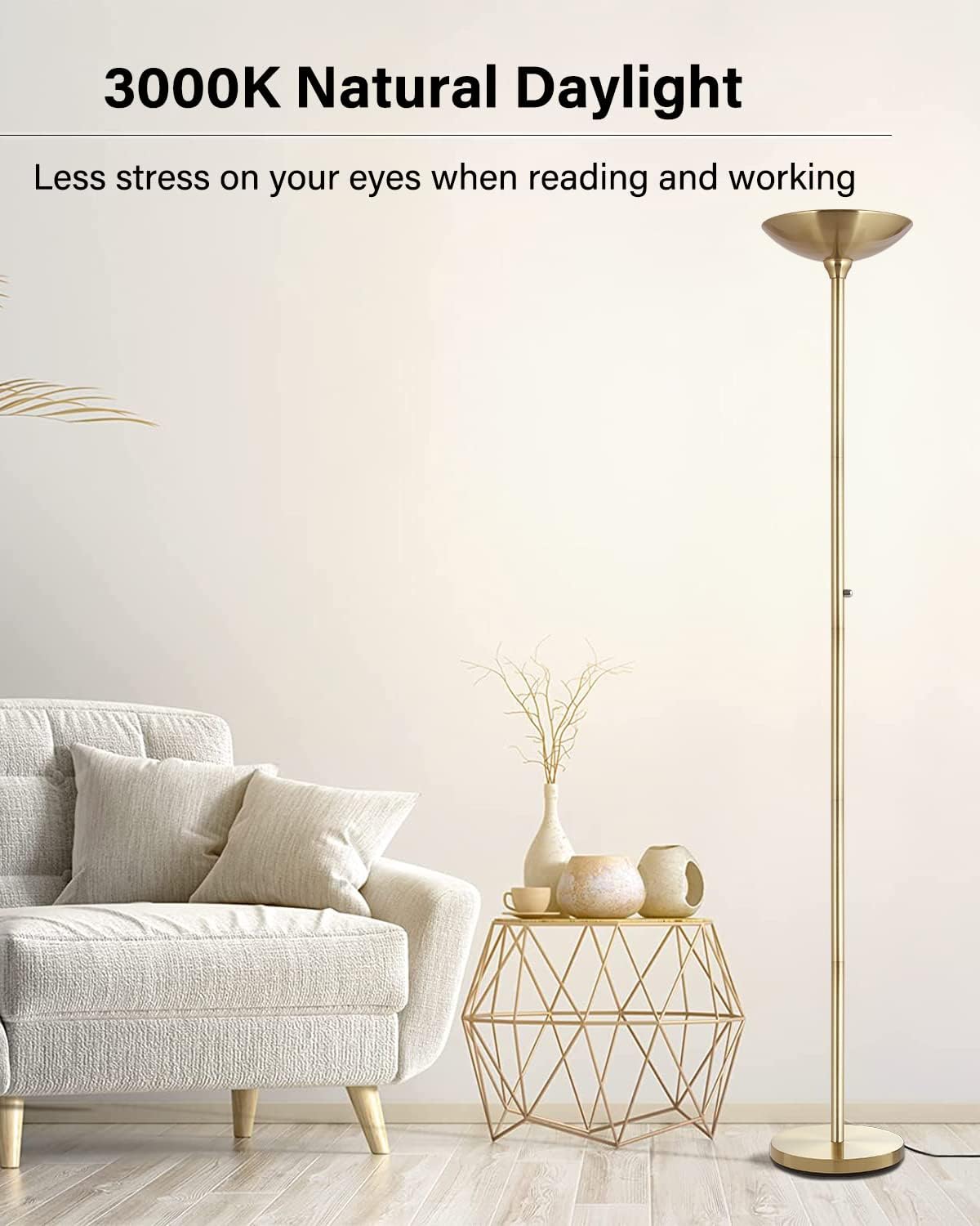 BoostArea Torchiere Floor Lamp, 30W Super Bright LED Standing Lamp, Stepless Dimmable Pole Lamp with 3000K Lighting, Rotary Switch