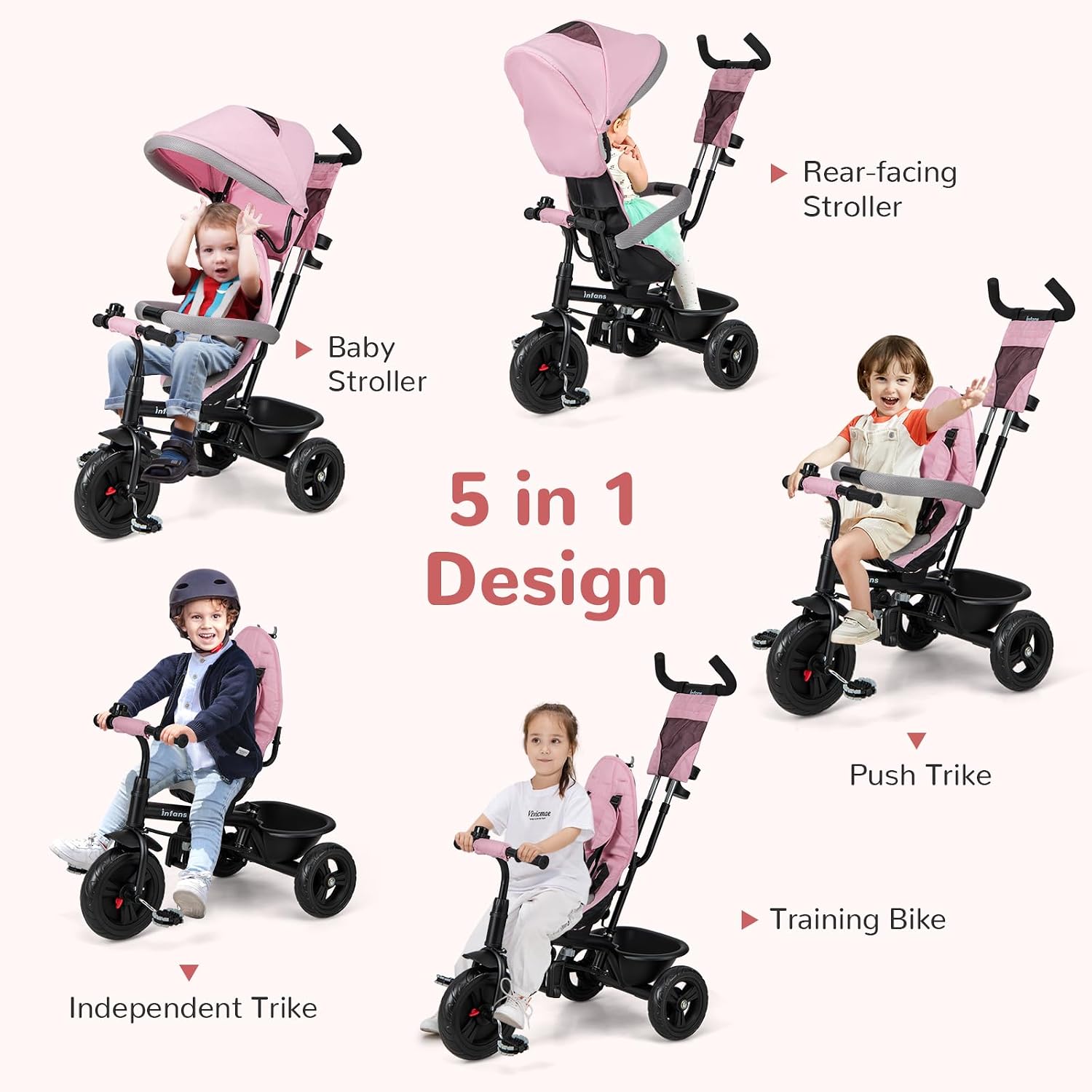 INFANS Kids Tricycle, 6 in 1 Stroll Trike with Adjustable Push Handle, Removable Canopy, Retractable Foot Plate, Lockable Pedal, Detachable Guardrail, Suitable for 10 Months to 5 Years (Blue)