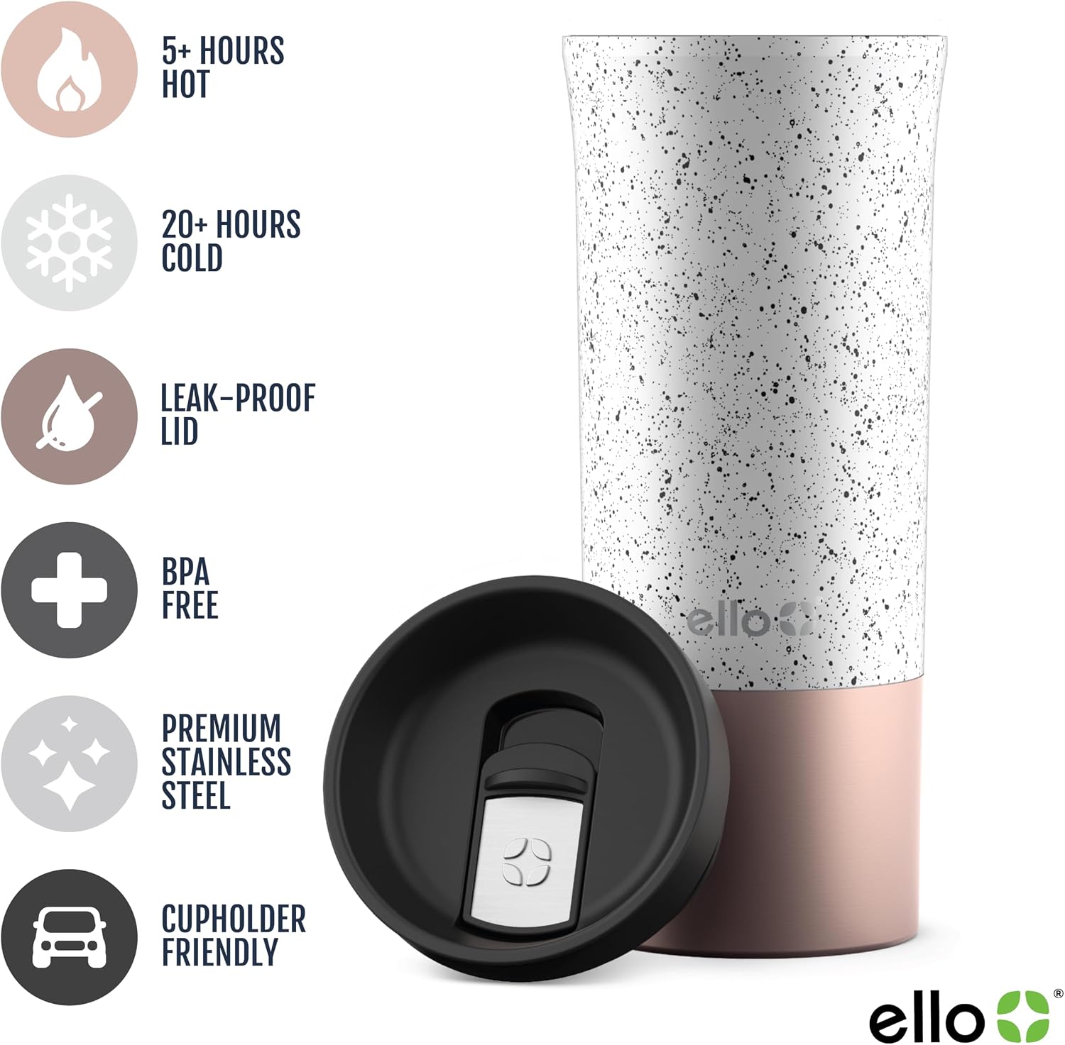 Ello Miri 16oz Insulated Stainless Steel Travel Mug with Slider Lid, Black Marble