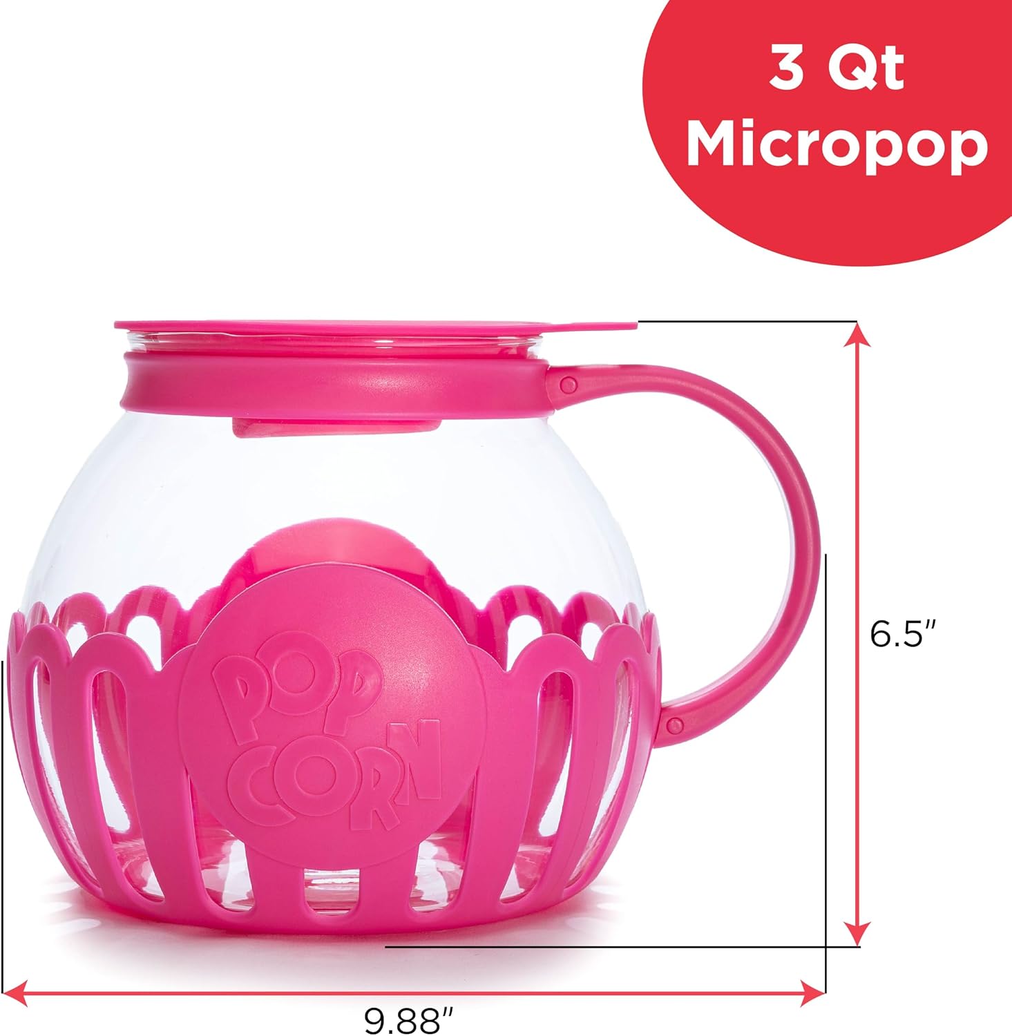 Ecolution Patented Micro-Pop Microwave Popcorn Popper with Temperature Safe Glass, 3-in-1 Lid Measures Kernels and Melts Butter, Made Without BPA, Dishwasher Safe, 3-Quart, Red