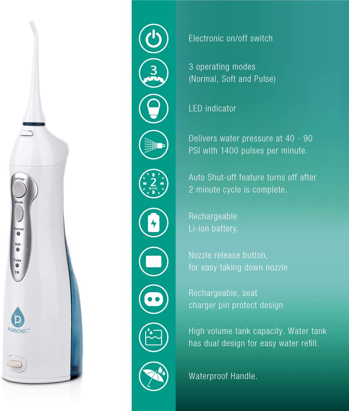 Pursonic USB Rechargeable Oral Irrigator Water Flosser, Helps Remove Plaque and Dilute Harmful Toxins.
