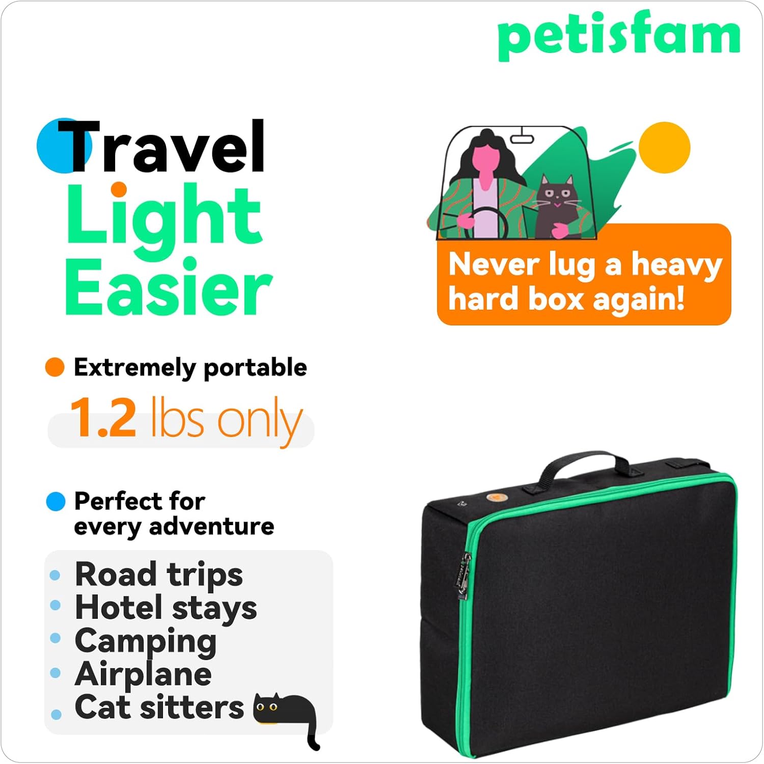 Portable Travel Litter Box for Cats with Lid to Contain Litter and Odor. Easy to Carry, Clean and Store. Easy for Car Travel, Hotle Stays