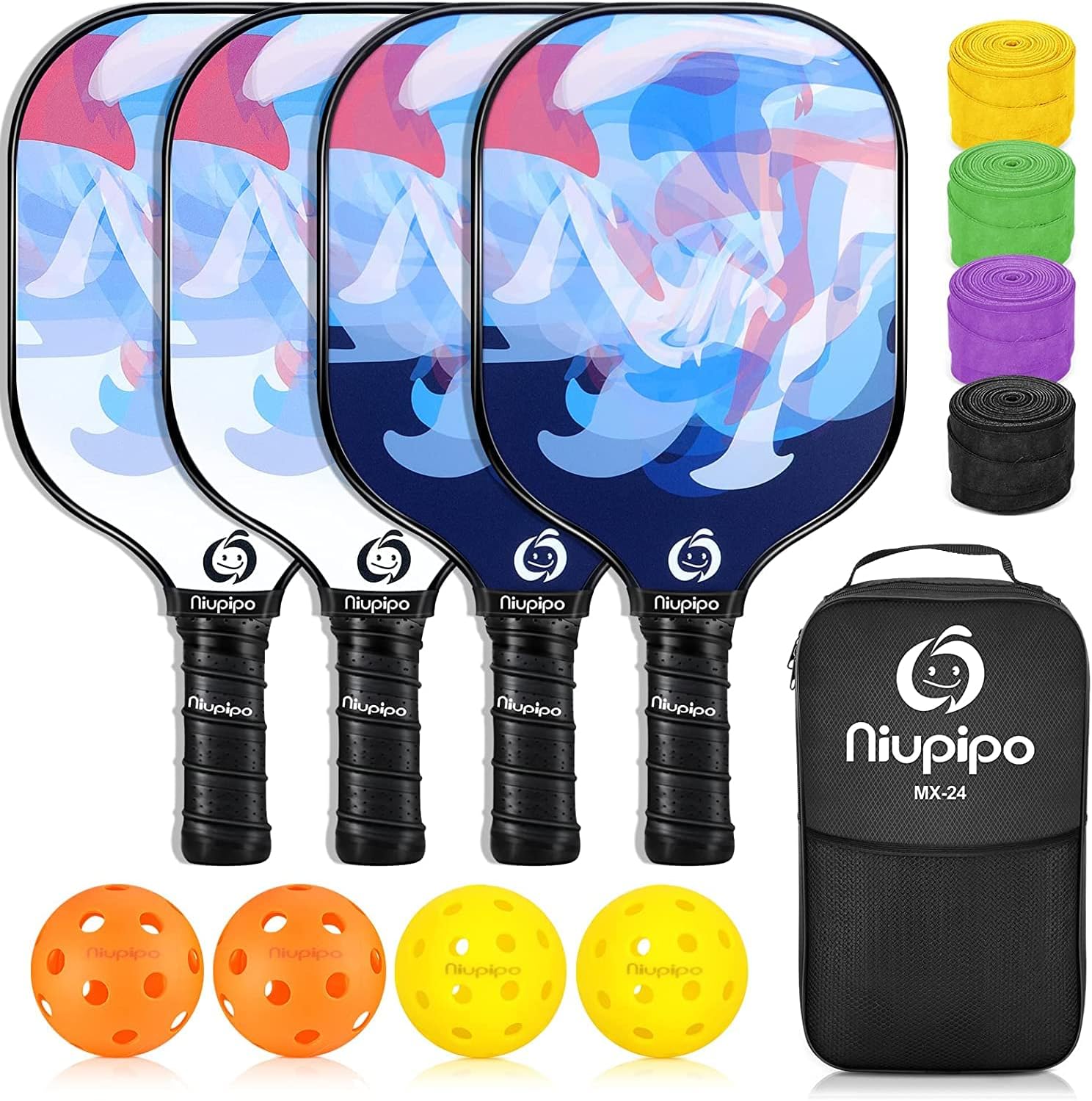 niupipo Pickleball Paddles Set of 2 or 4, USAPA Approved Fiberglass Pickleball Paddle Set with Balls and Bag, Polypropylene Honeycomb Core