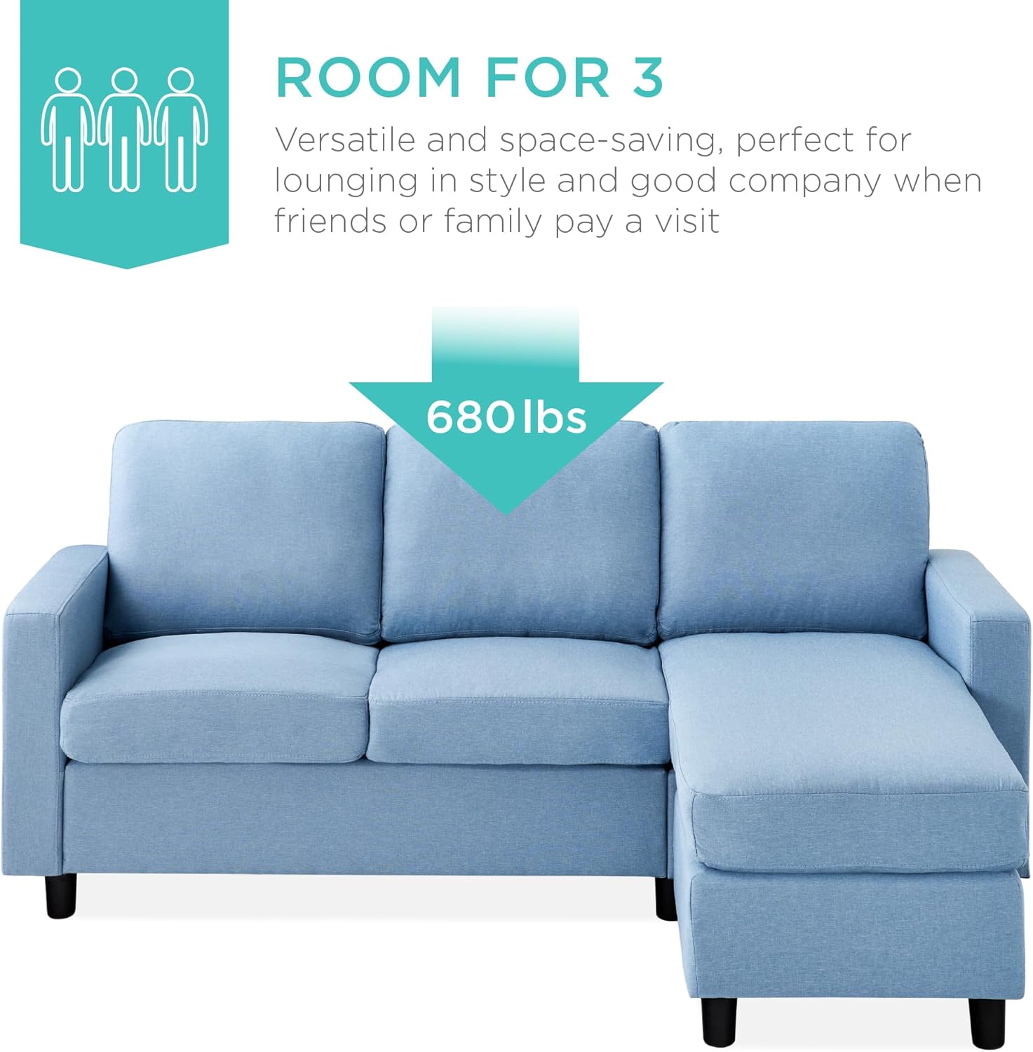 Best Choice Products Upholstered Sectional Sofa for Home, Apartment, Dorm, Bonus Room, Compact Spaces w/Chaise Lounge, 3-Seat, L-Shape Design